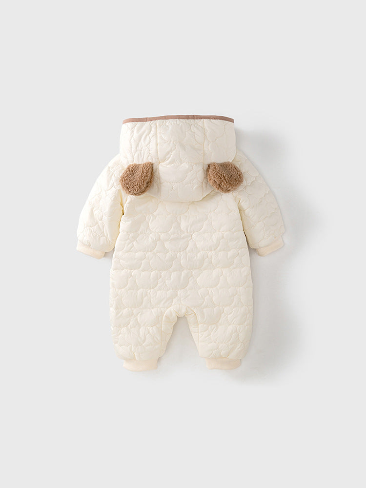 Unisex Baby Bear Cartoon Style Romper in beige, featuring a cute bear design, perfect for infants.