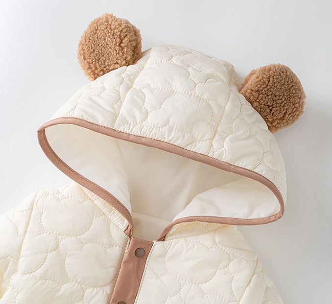 Unisex Baby Bear Cartoon Style Romper in beige, featuring a cute bear design, perfect for infants.