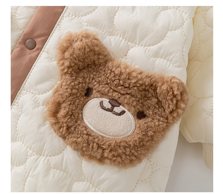 Unisex Baby Bear Cartoon Style Romper in beige, featuring a cute bear design, perfect for infants.