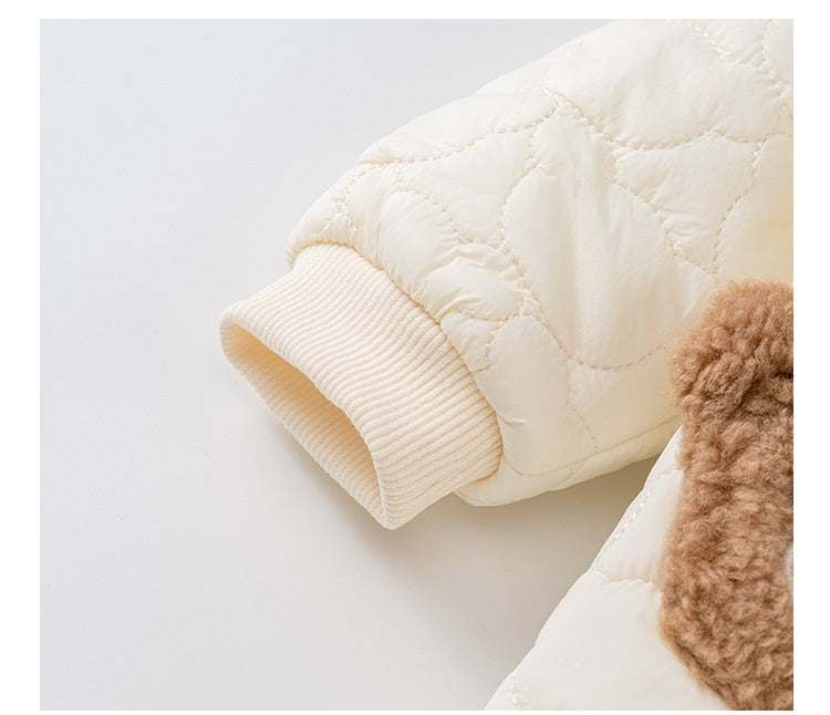 Unisex Baby Bear Cartoon Style Romper in beige, featuring a cute bear design, perfect for infants.