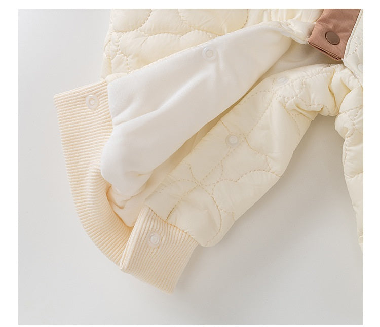 Unisex Baby Bear Cartoon Style Romper in beige, featuring a cute bear design, perfect for infants.