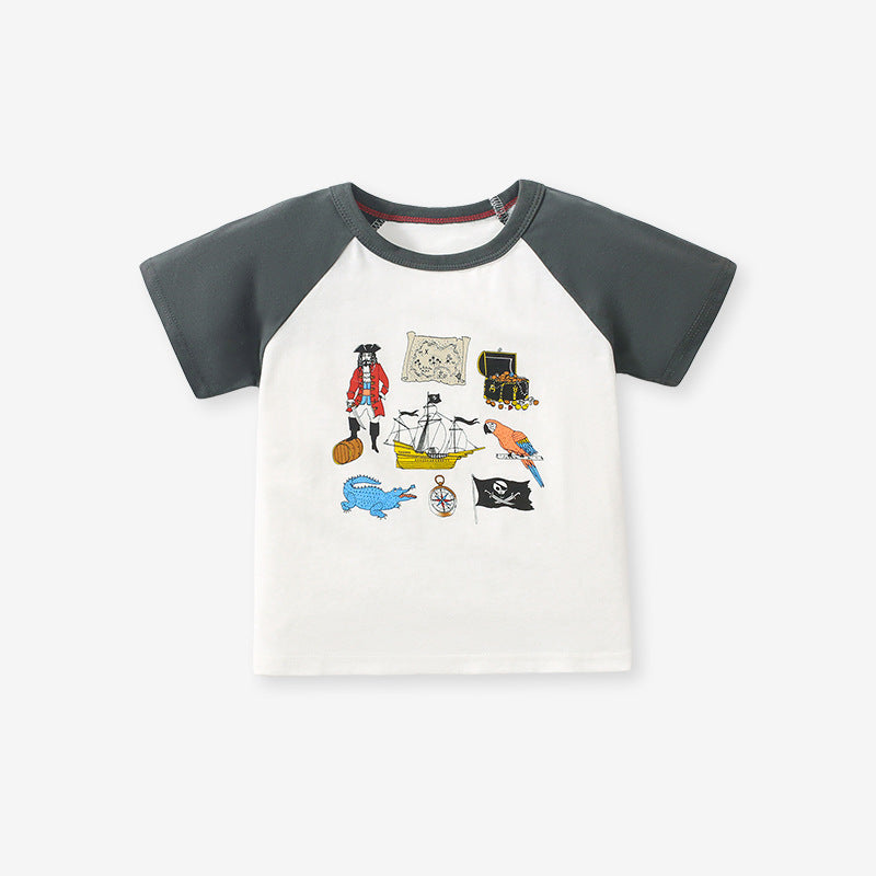 Unisex Kids’ Cartoon Print T-Shirt in white cotton, featuring colorful cartoon designs, perfect for summer wear.