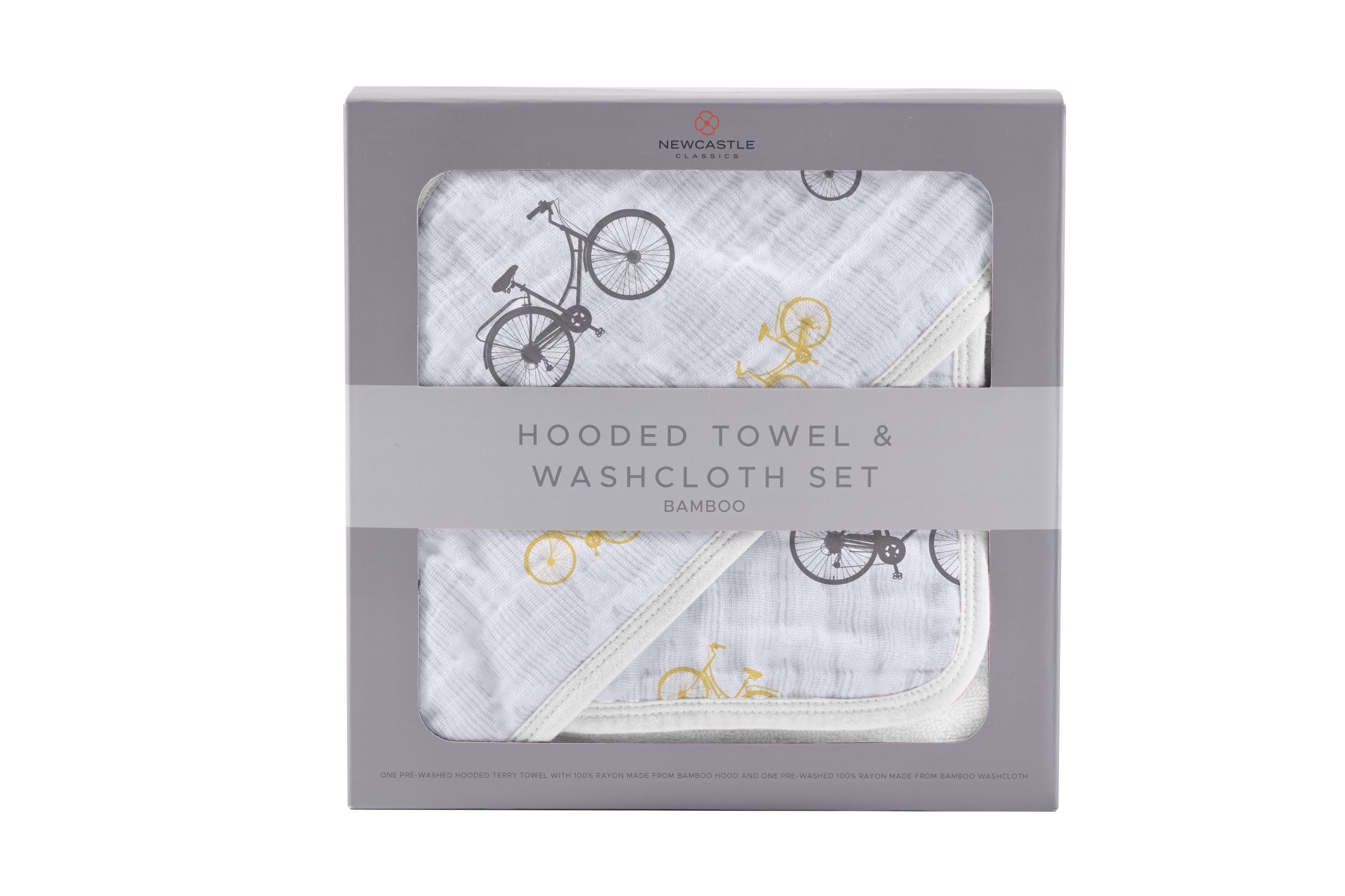 Vintage Bicycle Bamboo Muslin Hooded Towel and Washcloth Set featuring soft bamboo fabric and a charming bicycle design.