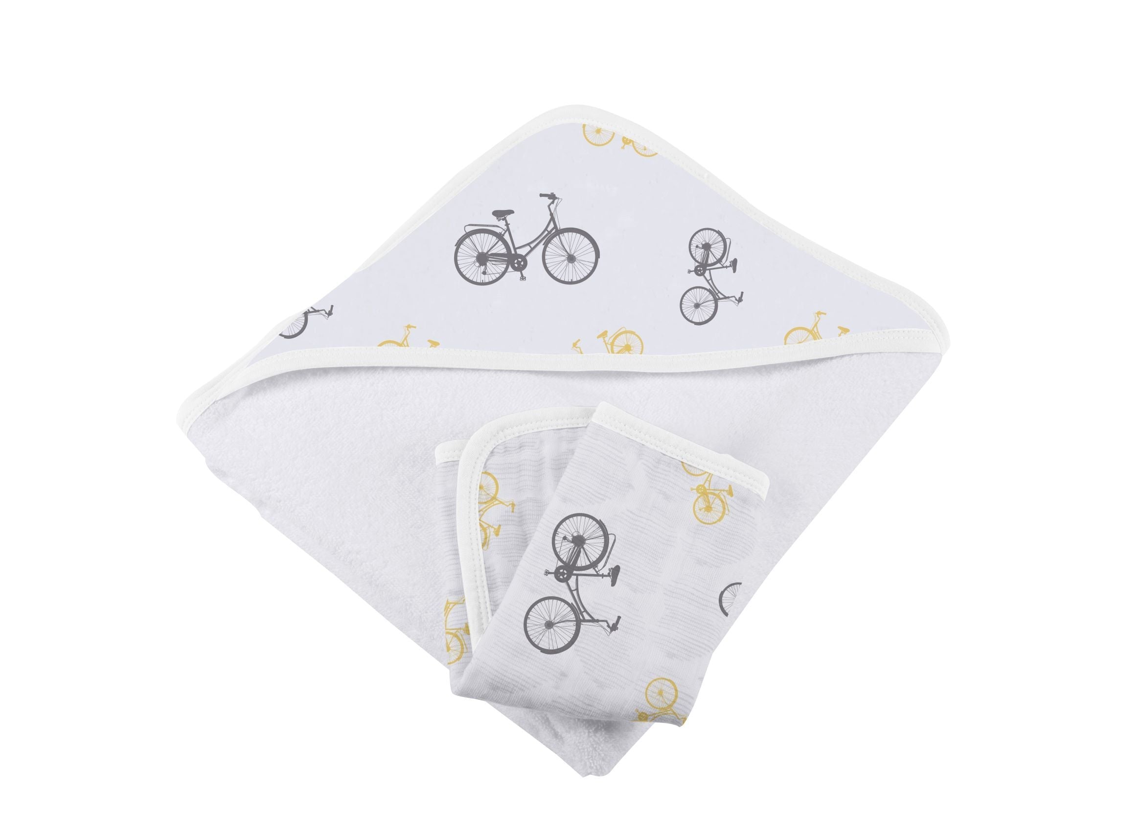 Vintage Bicycle Bamboo Muslin Hooded Towel and Washcloth Set featuring soft bamboo fabric and a charming bicycle design.