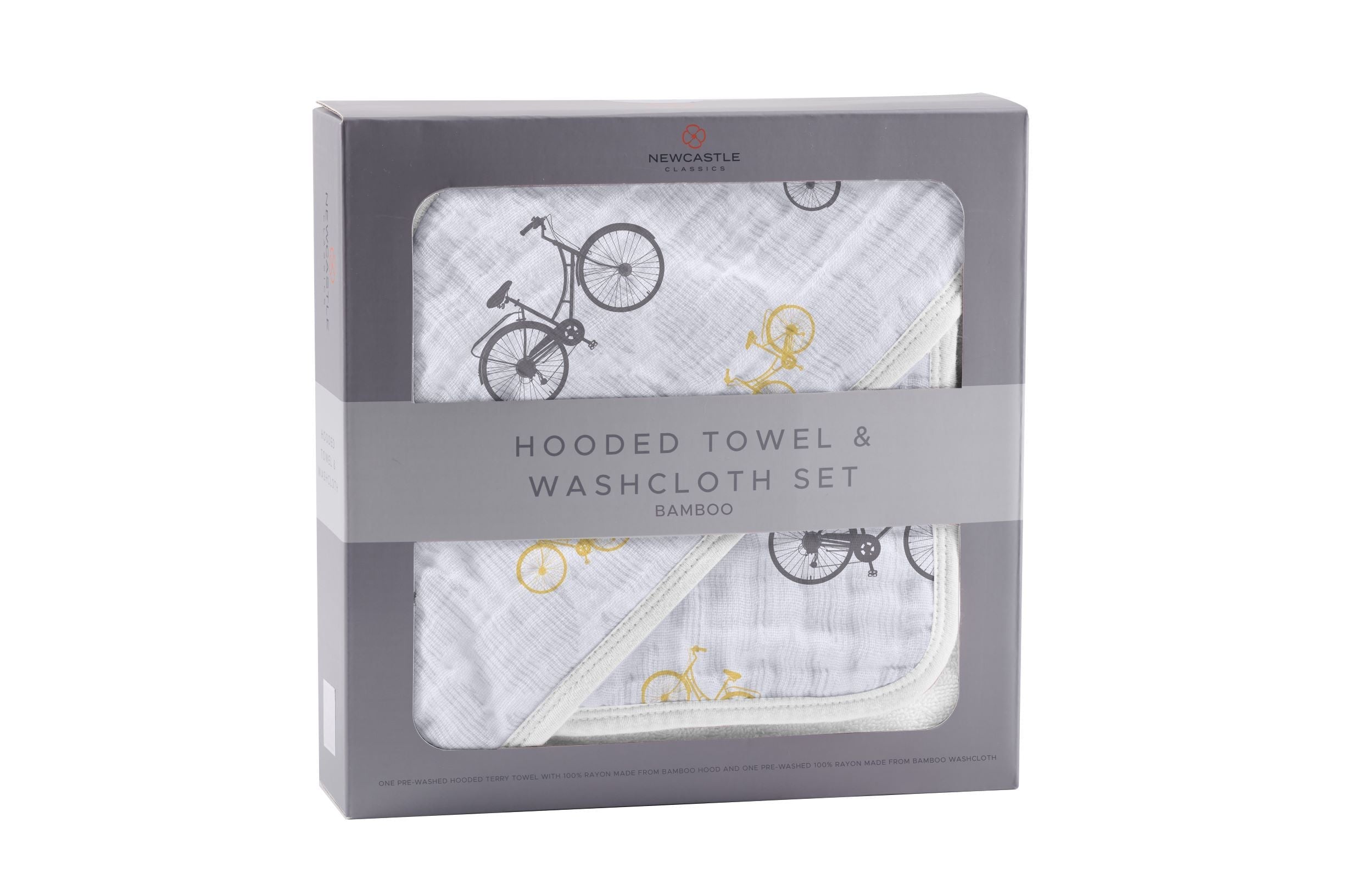 Vintage Bicycle Bamboo Muslin Hooded Towel and Washcloth Set featuring soft bamboo fabric and a charming bicycle design.