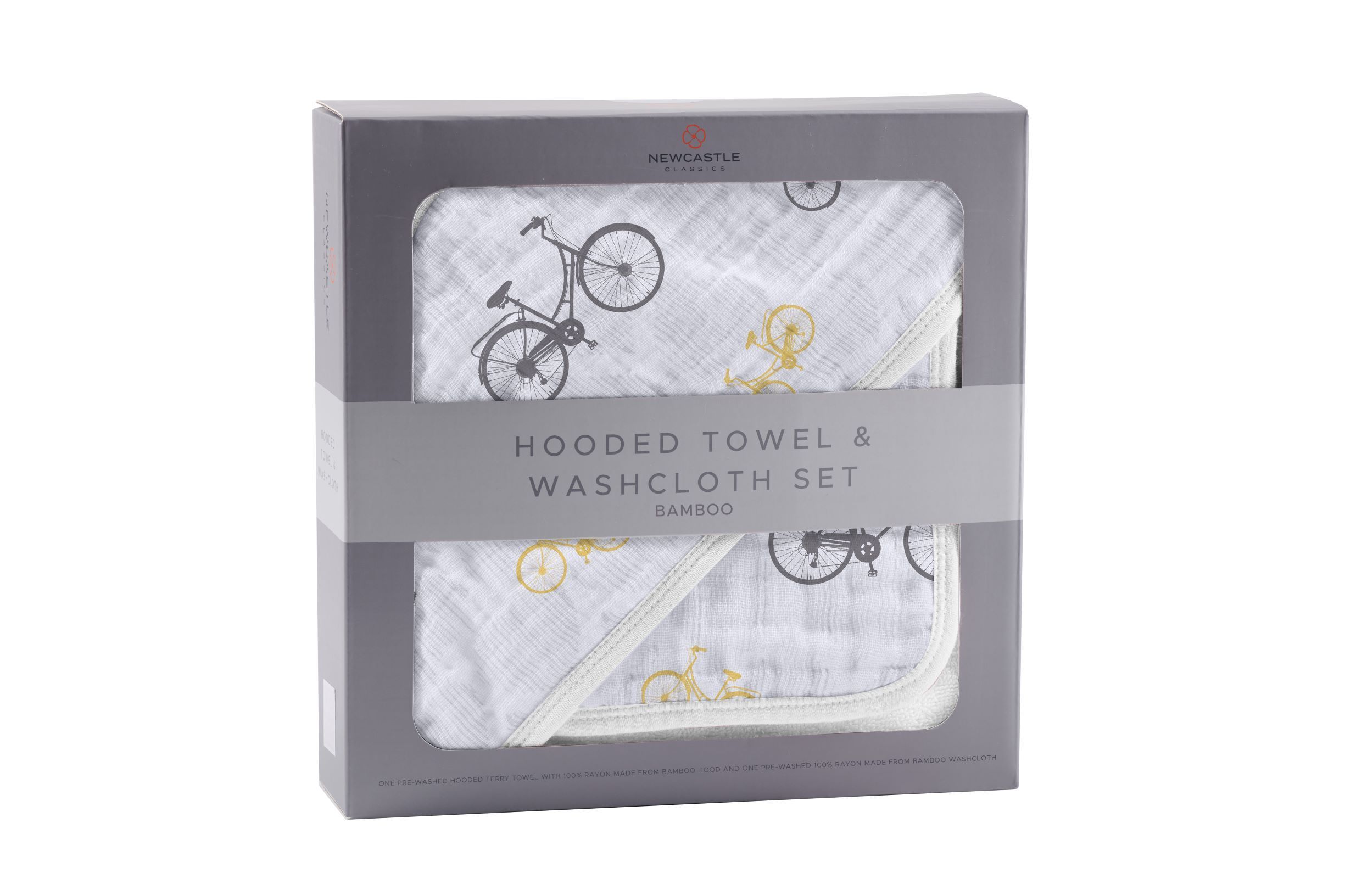 Vintage Bicycle Bamboo Muslin Hooded Towel and Washcloth Set featuring soft bamboo fabric and a charming bicycle design.