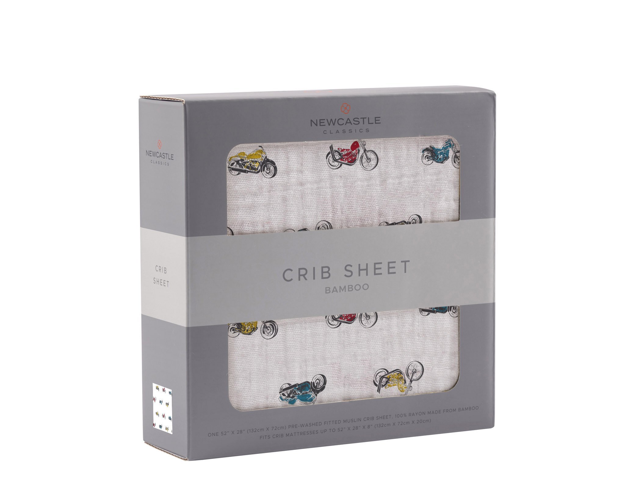 Vintage Motorcycles Bamboo Muslin Crib Sheet featuring a soft, breathable design with a charming motorcycle print.