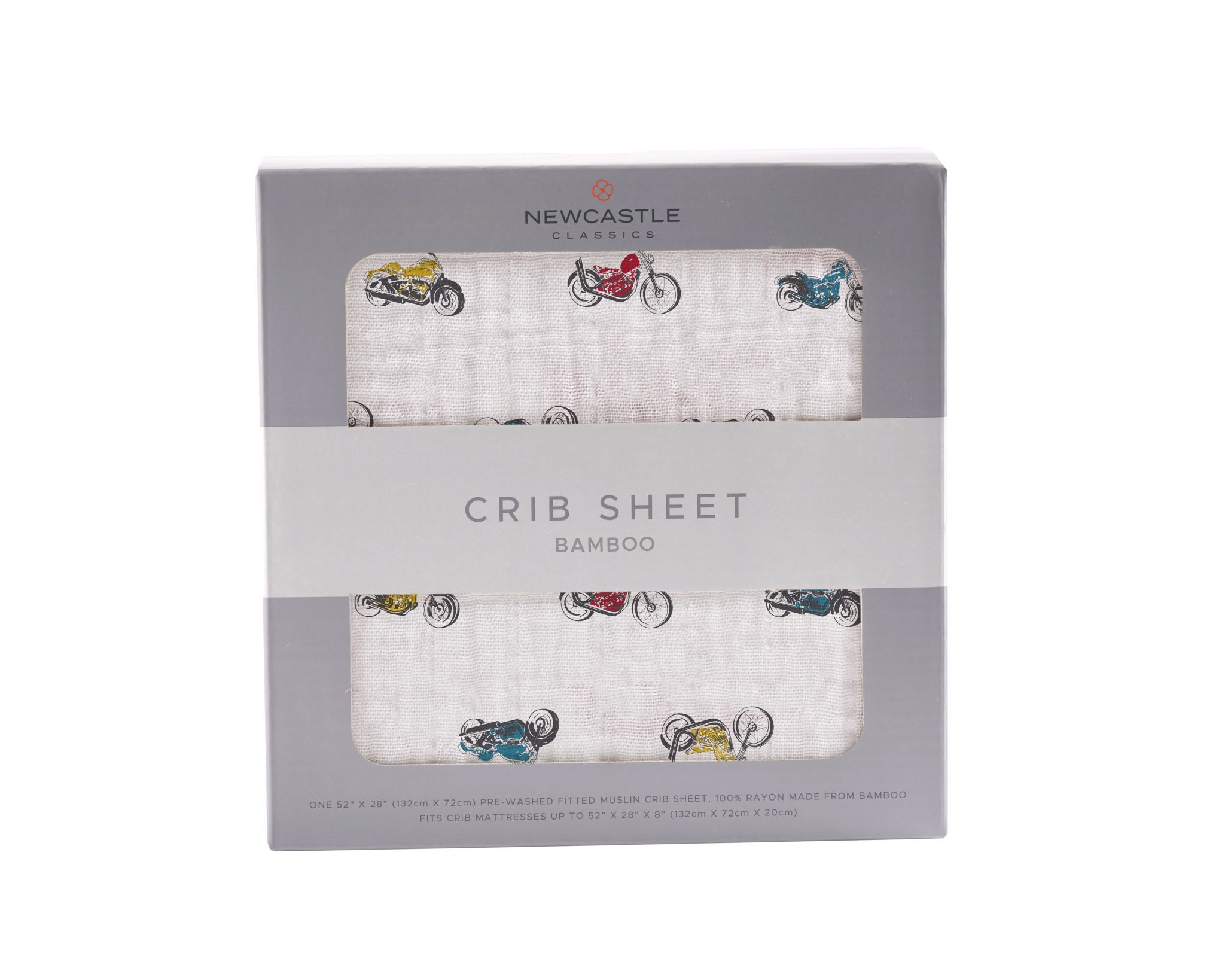 Vintage Motorcycles Bamboo Muslin Crib Sheet featuring a soft, breathable design with a charming motorcycle print.