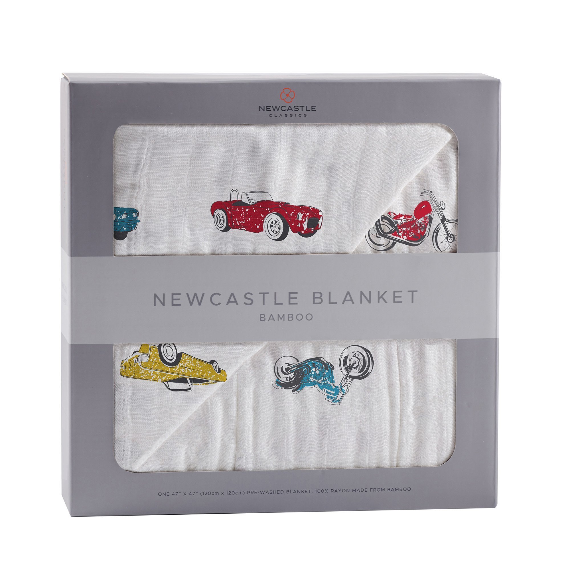 A cozy Vintage Muscle Cars and Motorcycles Bamboo Muslin Blanket, featuring vibrant designs of classic cars and motorcycles, perfect for kids.