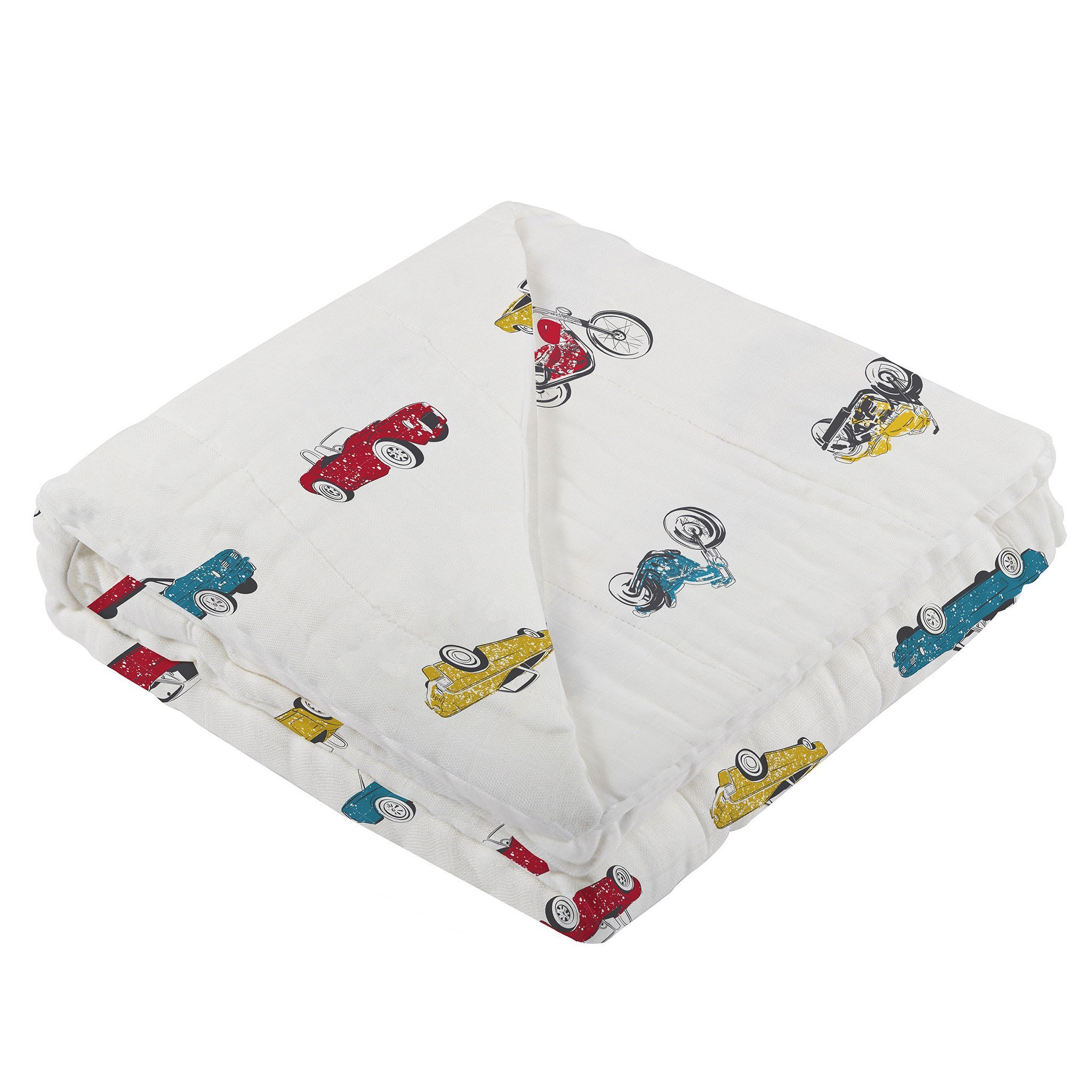 A cozy Vintage Muscle Cars and Motorcycles Bamboo Muslin Blanket, featuring vibrant designs of classic cars and motorcycles, perfect for kids.