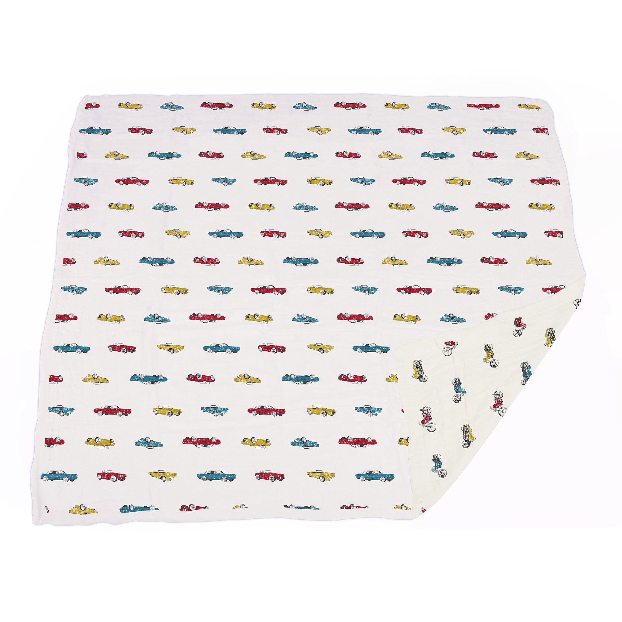 A cozy Vintage Muscle Cars and Motorcycles Bamboo Muslin Blanket, featuring vibrant designs of classic cars and motorcycles, perfect for kids.