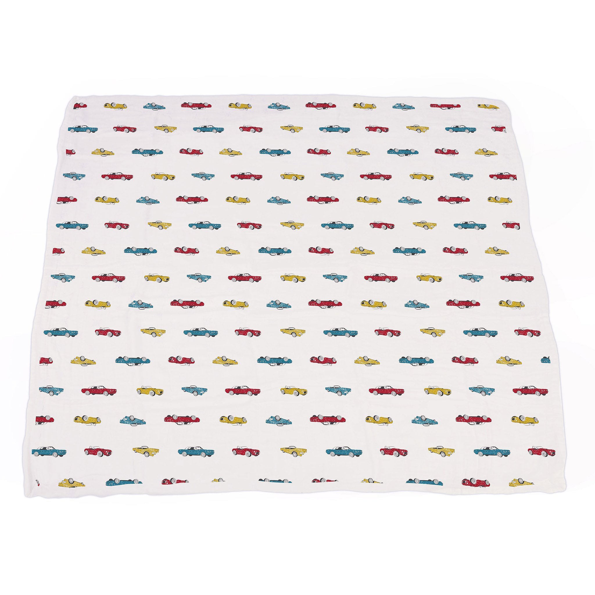 A cozy Vintage Muscle Cars and Motorcycles Bamboo Muslin Blanket, featuring vibrant designs of classic cars and motorcycles, perfect for kids.