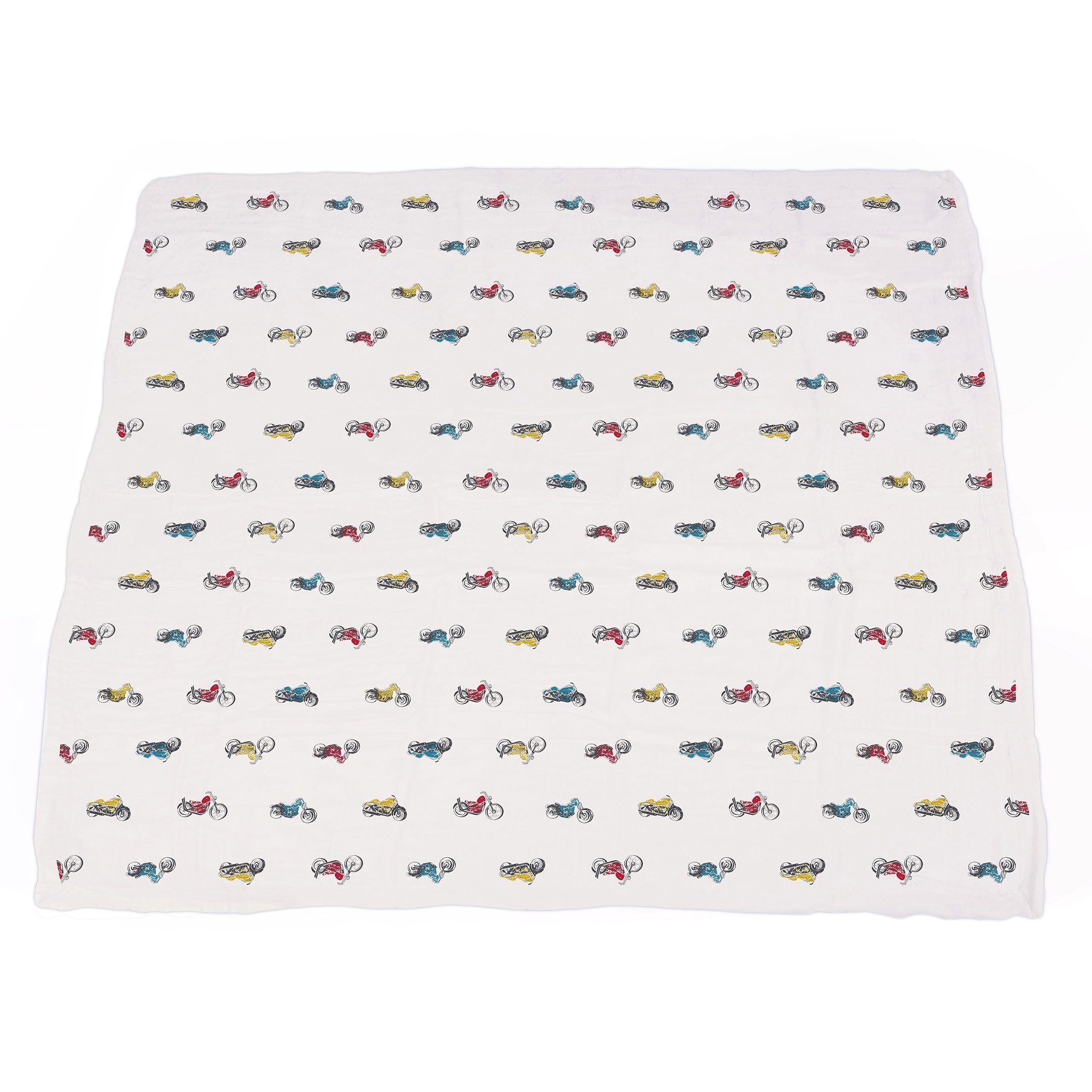 A cozy Vintage Muscle Cars and Motorcycles Bamboo Muslin Blanket, featuring vibrant designs of classic cars and motorcycles, perfect for kids.