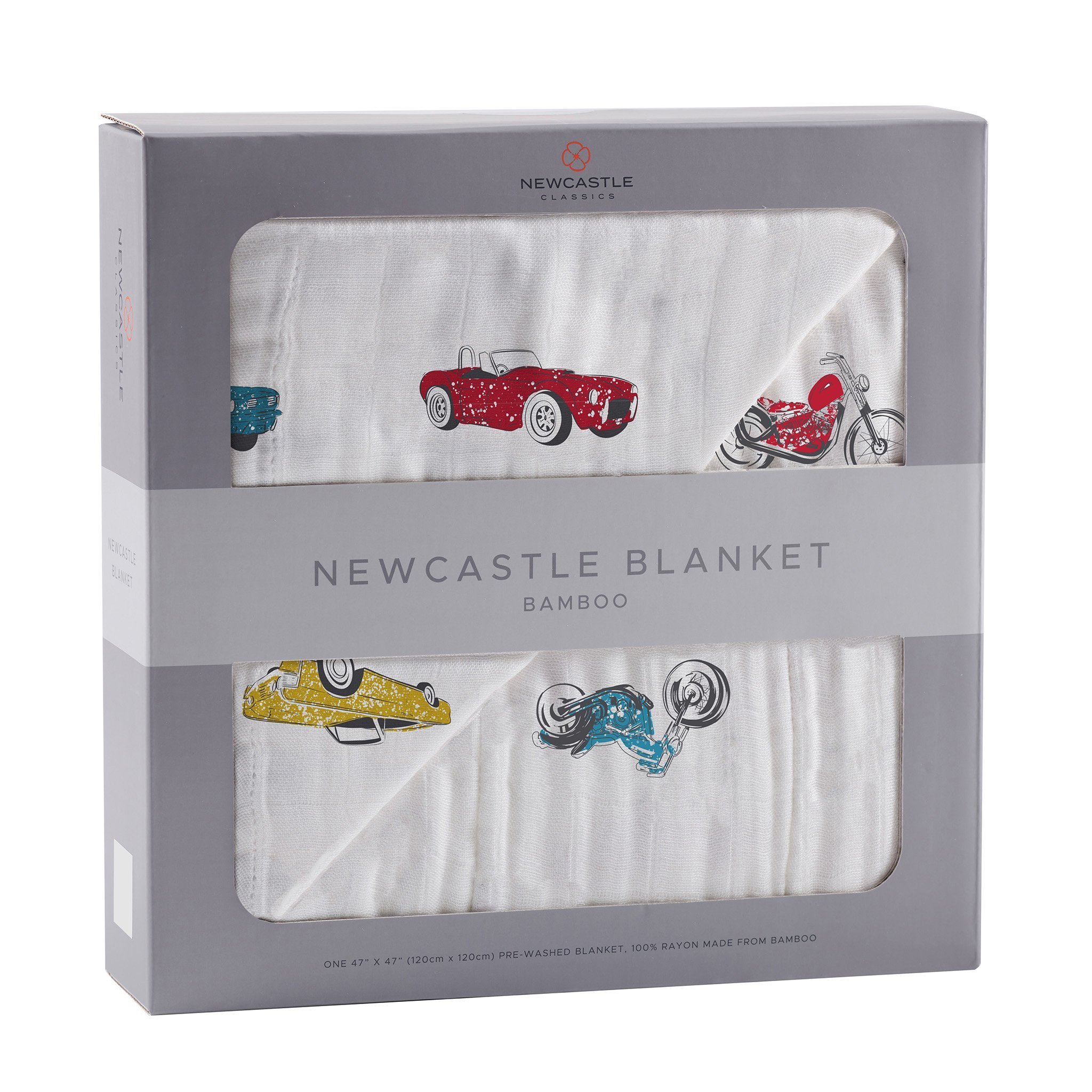 A cozy Vintage Muscle Cars and Motorcycles Bamboo Muslin Blanket, featuring vibrant designs of classic cars and motorcycles, perfect for kids.