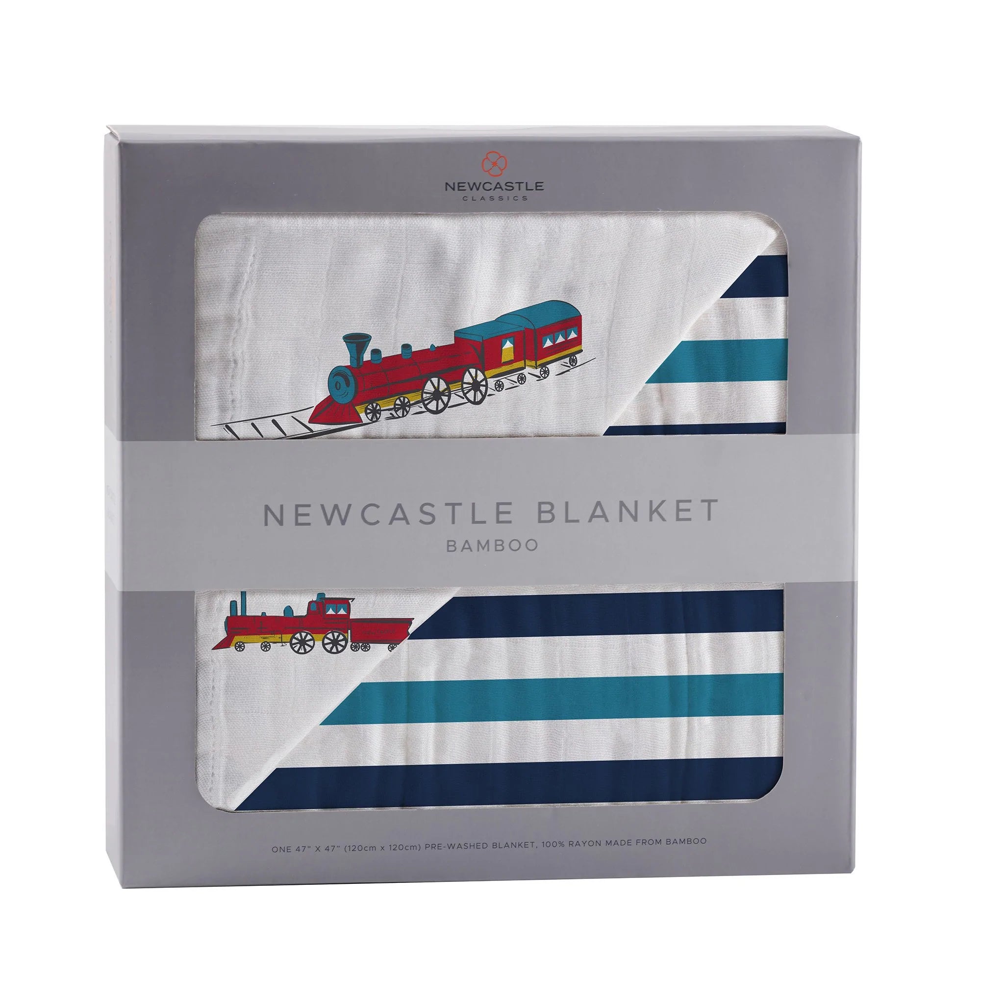 Vintage Steam Trains Bamboo Muslin Blanket featuring blue stripes, soft and breathable, perfect for kids.
