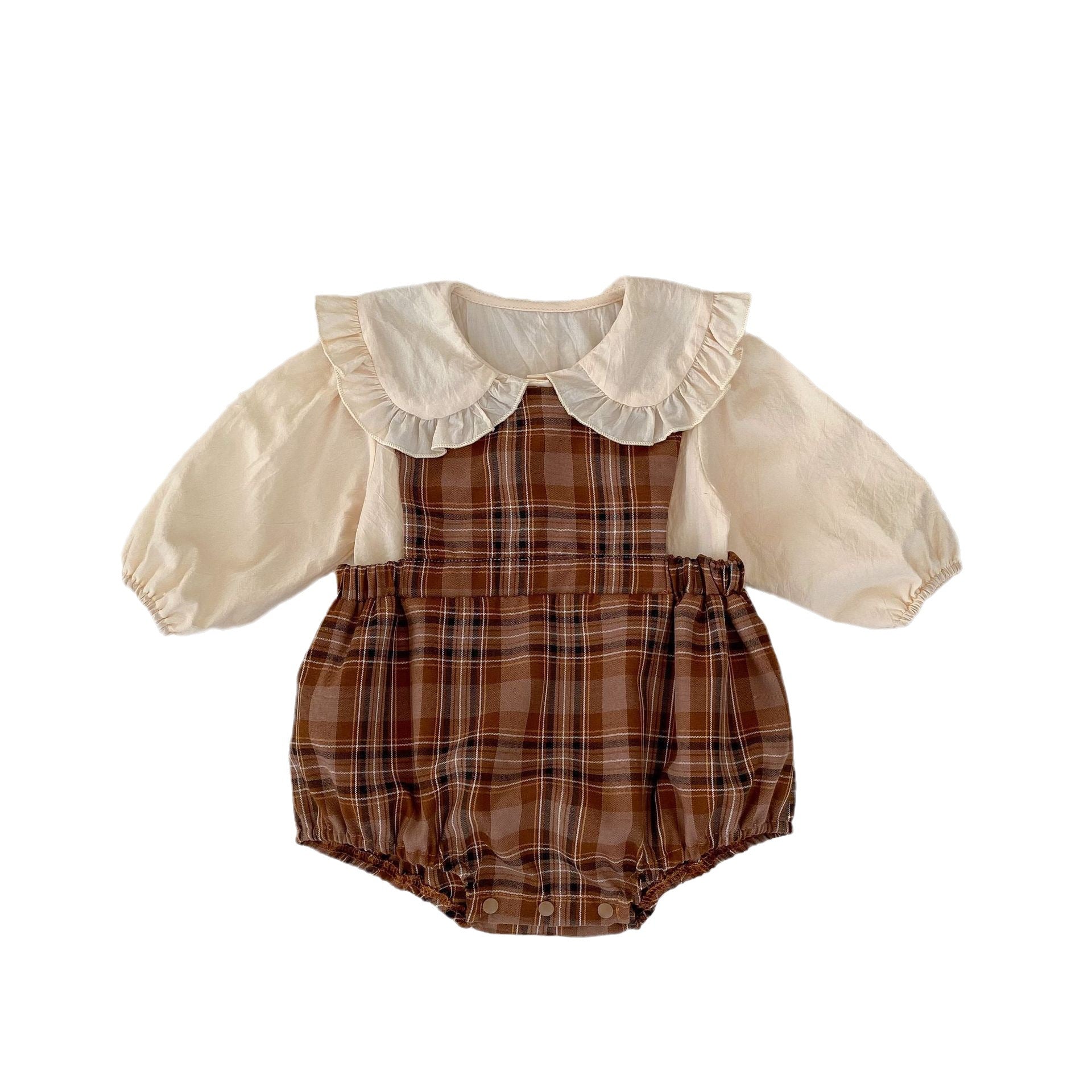 Vintage style plaid pattern strap onesie for baby girl, featuring a brown color and soft cotton material, perfect for spring and autumn.