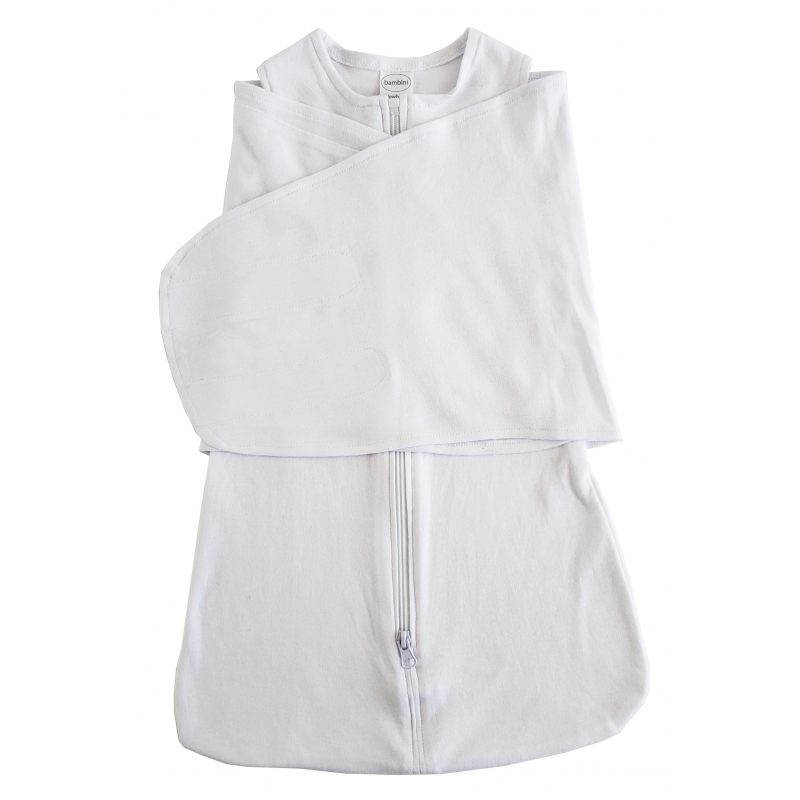 A soft white cotton interlock swaddle blanket designed for infants, featuring hook and loop self-fasteners for secure wrapping.