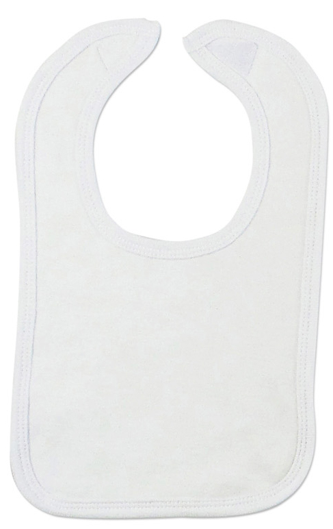 A pack of five white interlock bibs with blue binding, designed for infants, featuring hook and loop fasteners.
