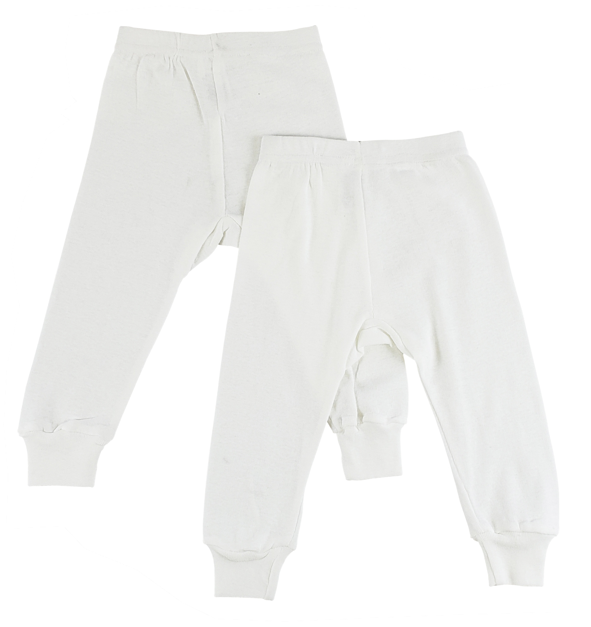 Two pairs of white long pants made from 100% cotton with elastic waist and ribbed cuffs, displayed together.
