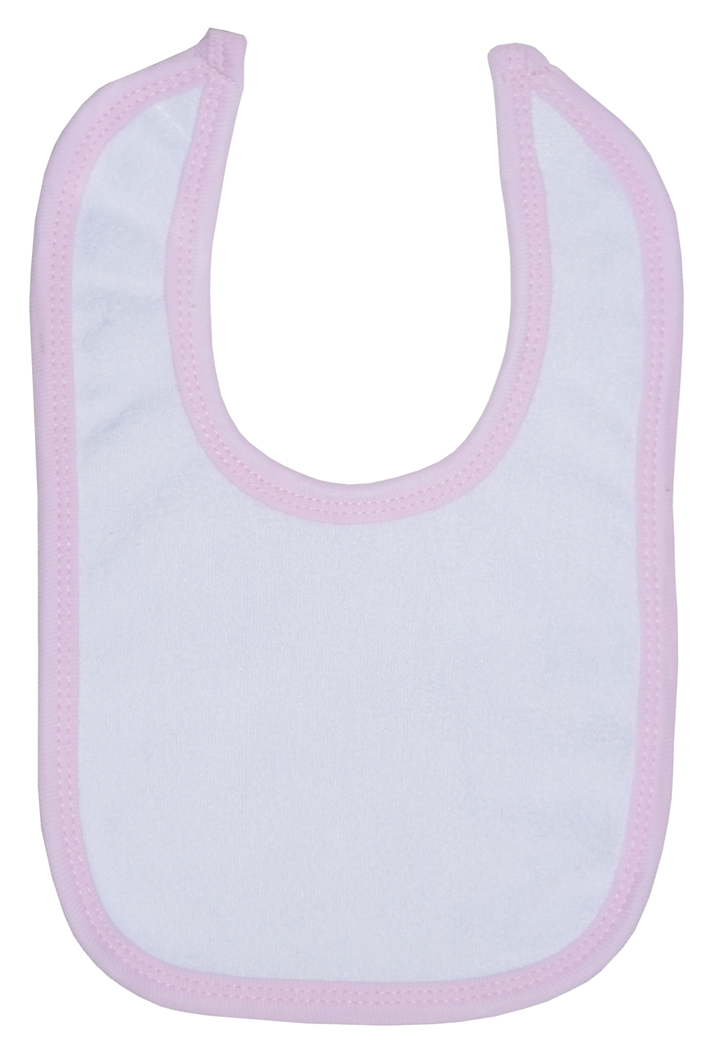 White Terry Bib with Pink Trim, featuring soft fabric and hook and loop closure, perfect for infants.