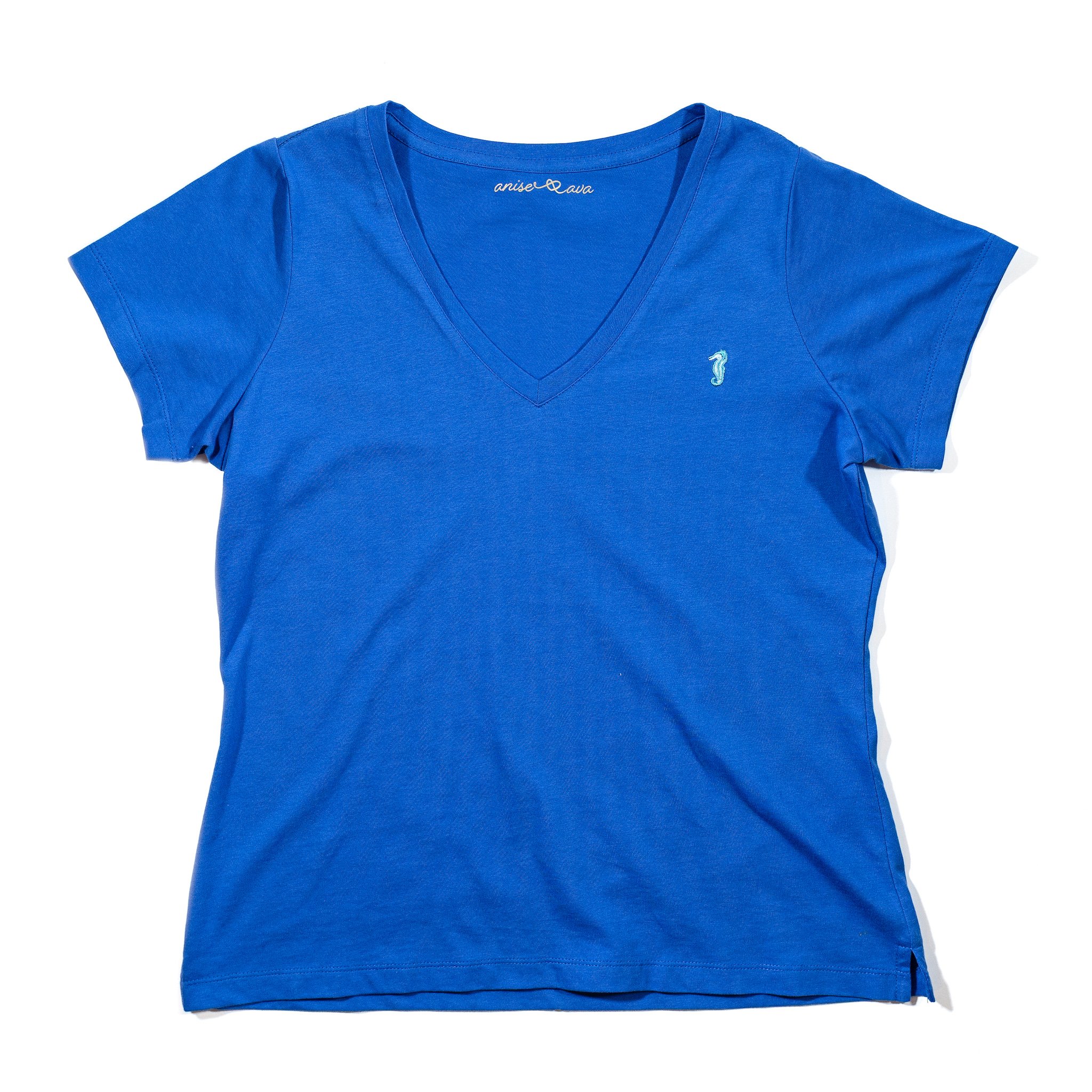 Willa Women's V Neck Tee in solid cobalt with seahorse embroidery, showcasing short sleeves and side slits.