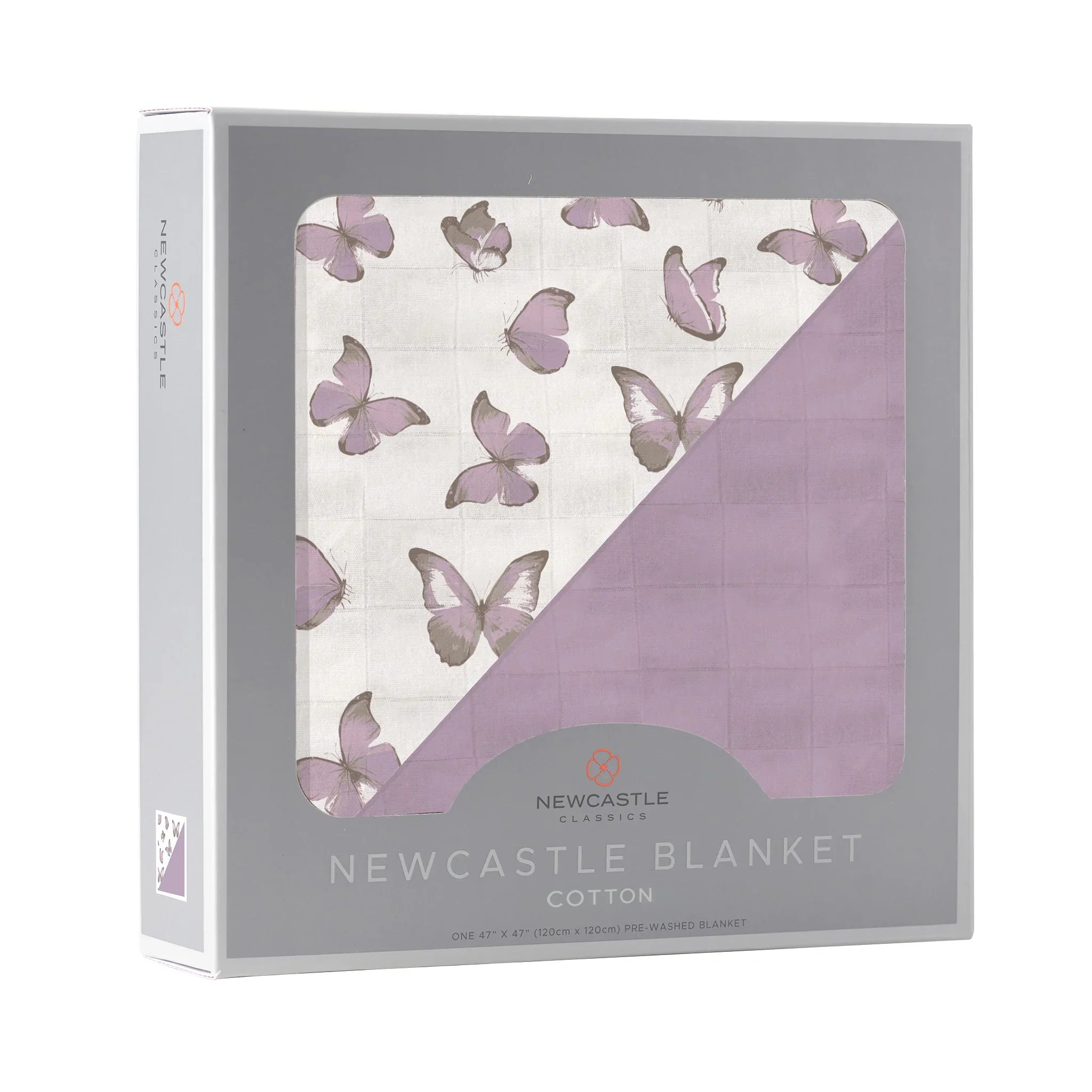 Winsome Butterflies and Orchid Lavender Cotton Newcastle Blanket featuring a whimsical butterfly design in lavender hues, perfect for kids.