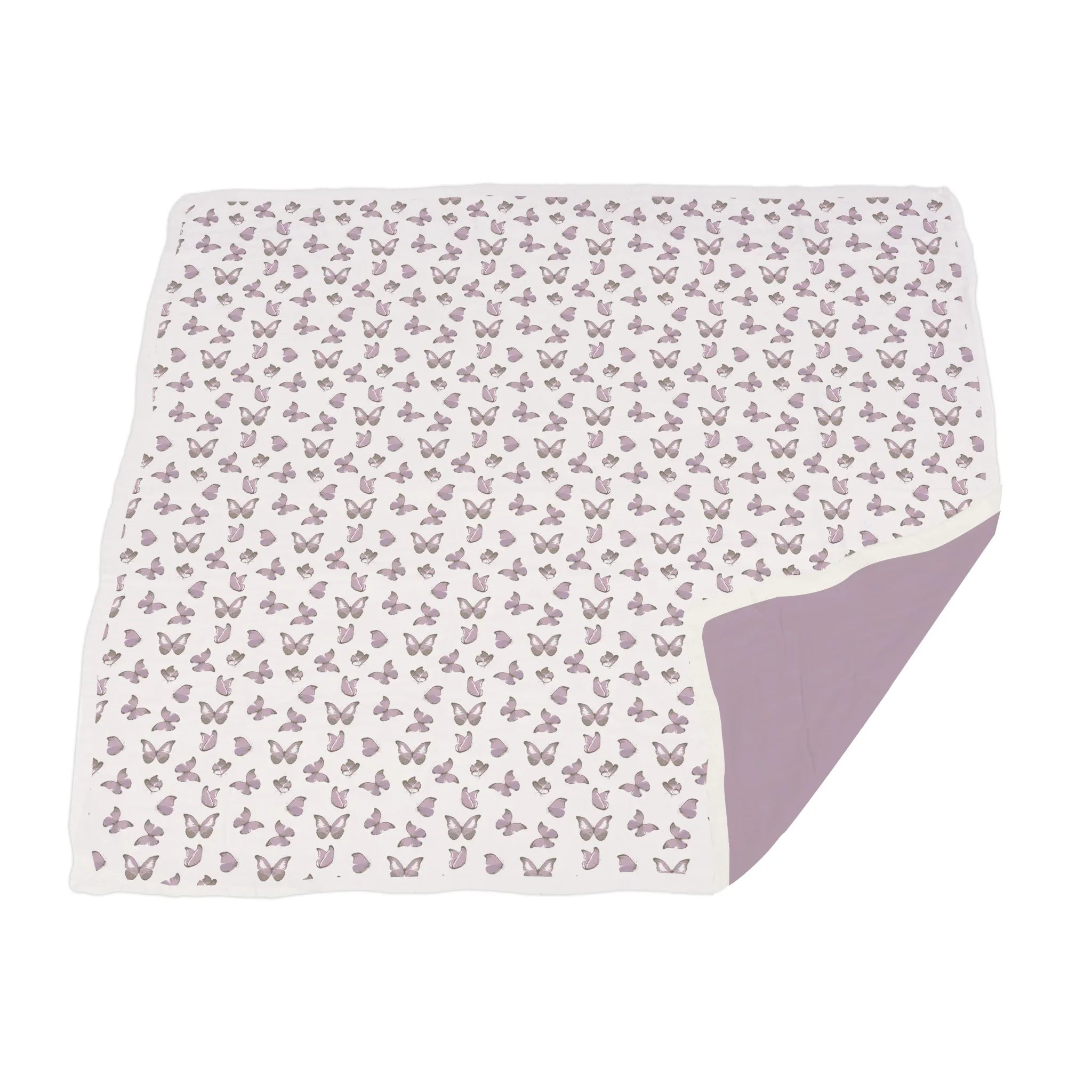 Winsome Butterflies and Orchid Lavender Cotton Newcastle Blanket featuring a whimsical butterfly design in lavender hues, perfect for kids.