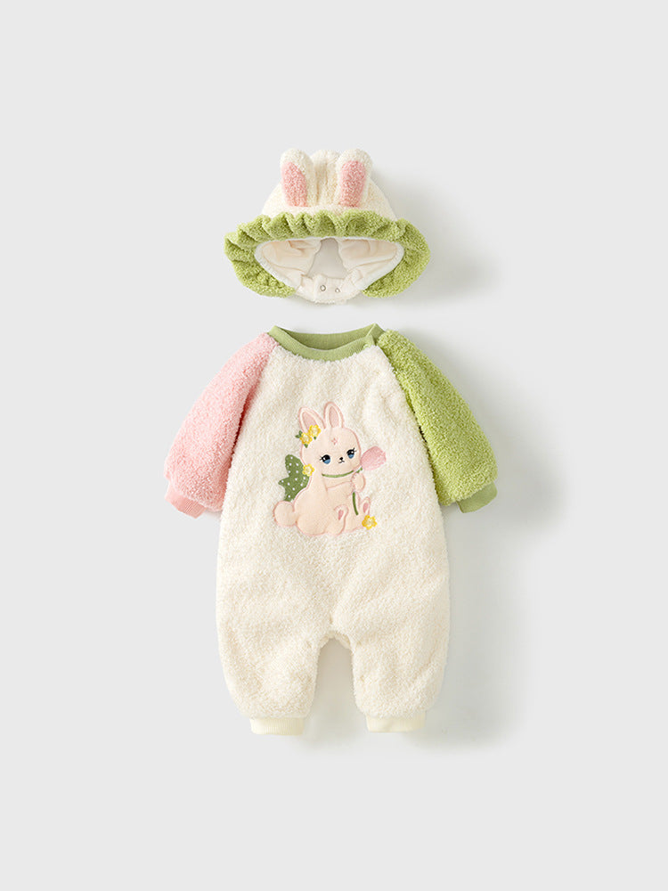 Winter Baby Girl Rabbit Cartoon Thick Romper in beige, featuring a cute rabbit design, perfect for keeping babies warm.