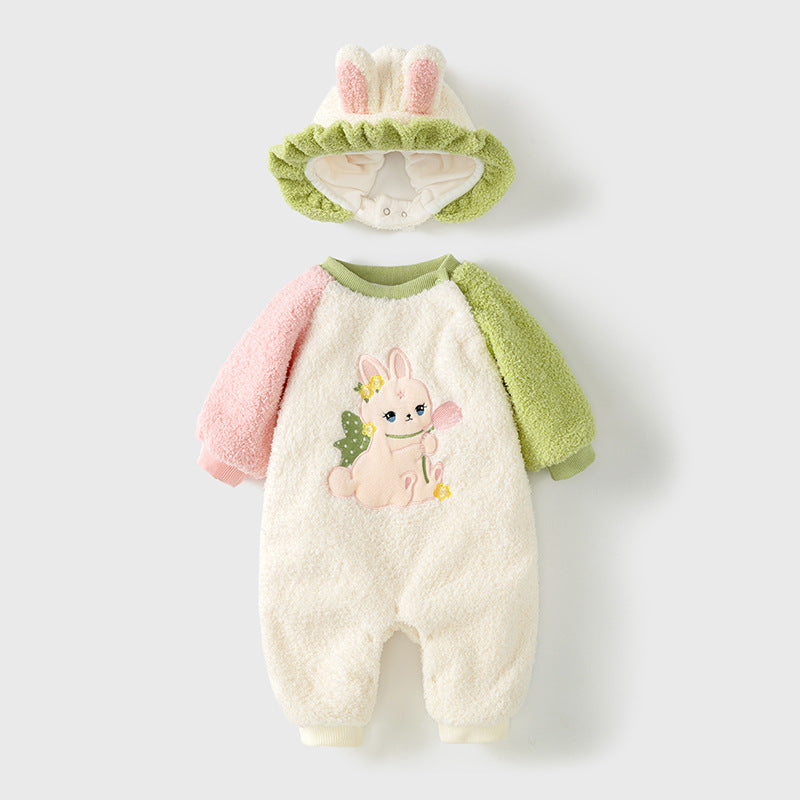 Winter Baby Girl Rabbit Cartoon Thick Romper in beige, featuring a cute rabbit design, perfect for keeping babies warm.