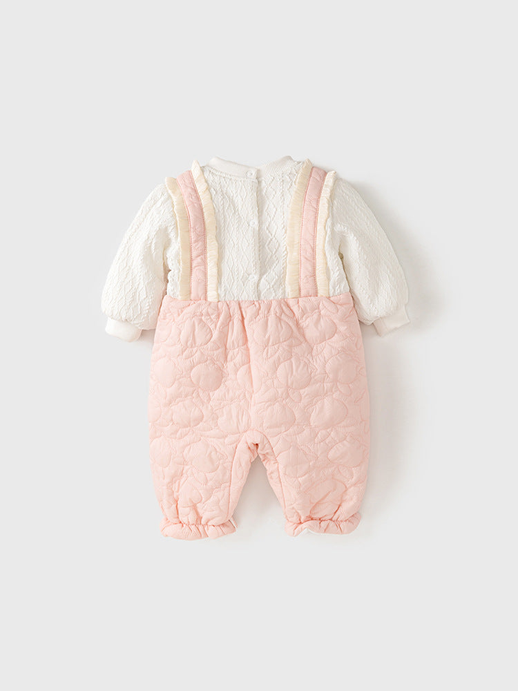 Winter Baby Thick Home Clothes featuring a pink-white patchwork romper and matching hat for baby girls, designed for warmth and style.