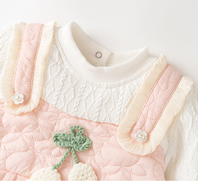 Winter Baby Thick Home Clothes featuring a pink-white patchwork romper and matching hat for baby girls, designed for warmth and style.