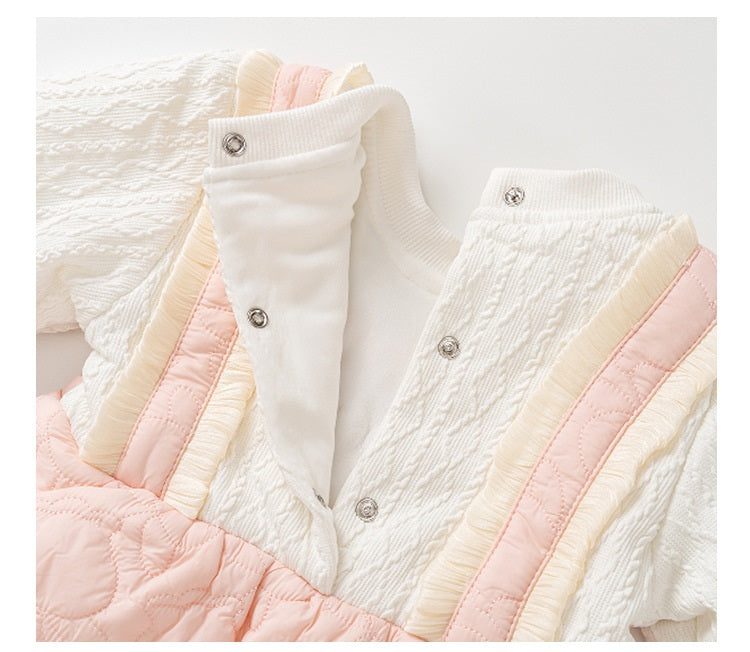 Winter Baby Thick Home Clothes featuring a pink-white patchwork romper and matching hat for baby girls, designed for warmth and style.