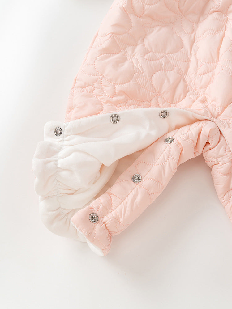 Winter Baby Thick Home Clothes featuring a pink-white patchwork romper and matching hat for baby girls, designed for warmth and style.