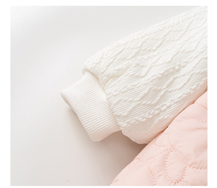 Winter Baby Thick Home Clothes featuring a pink-white patchwork romper and matching hat for baby girls, designed for warmth and style.