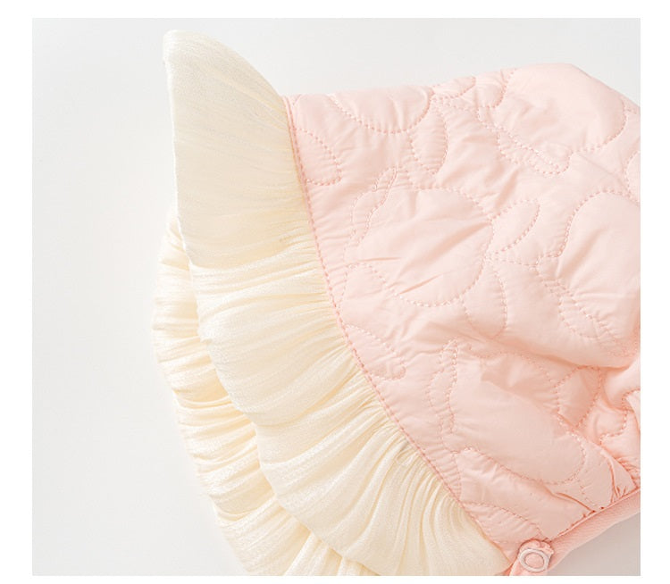 Winter Baby Thick Home Clothes featuring a pink-white patchwork romper and matching hat for baby girls, designed for warmth and style.