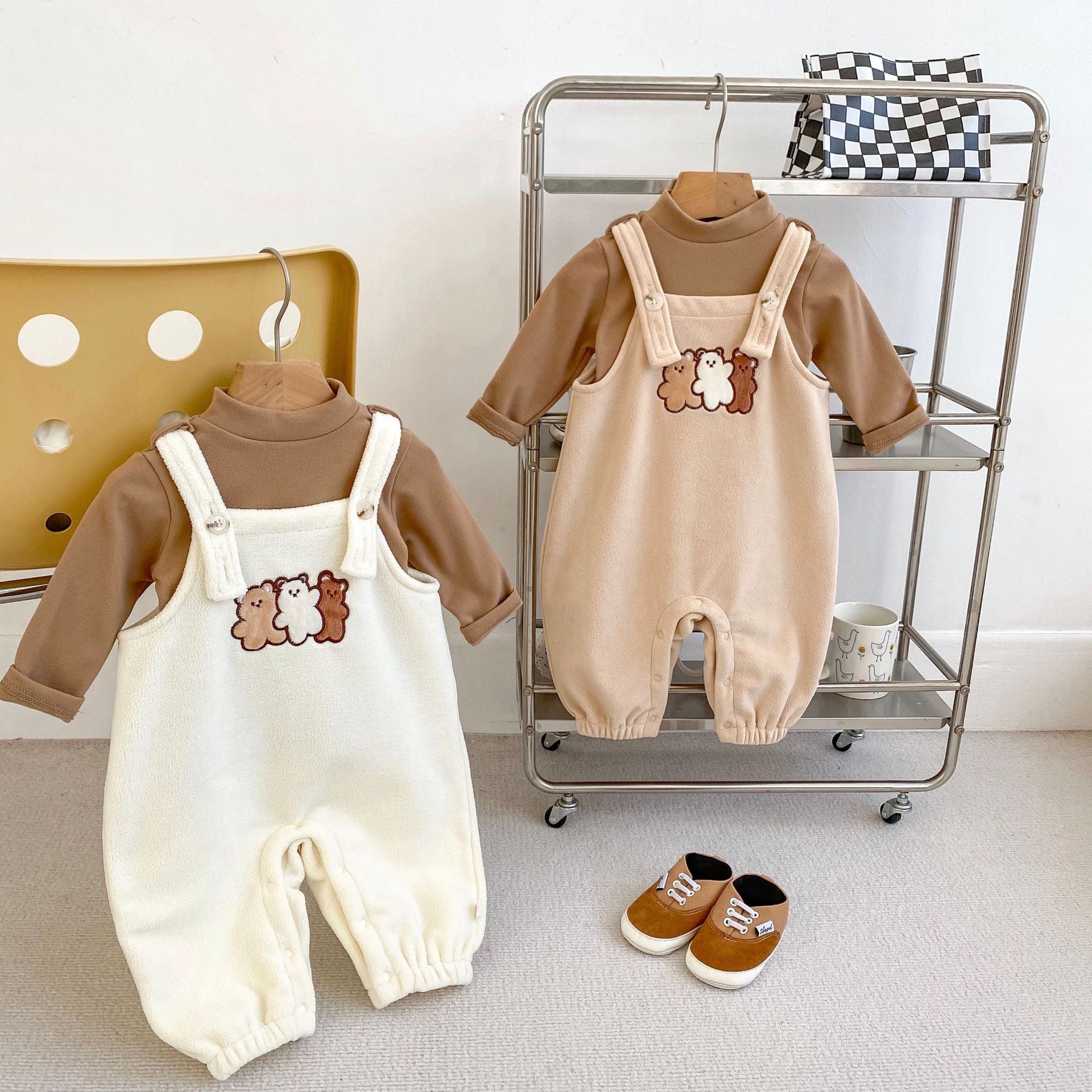 Winter Baby Unisex Basic Top and Teddy Cartoon Overalls Romper in beige and brown, featuring a cute teddy cartoon design, suitable for baby boys and girls.