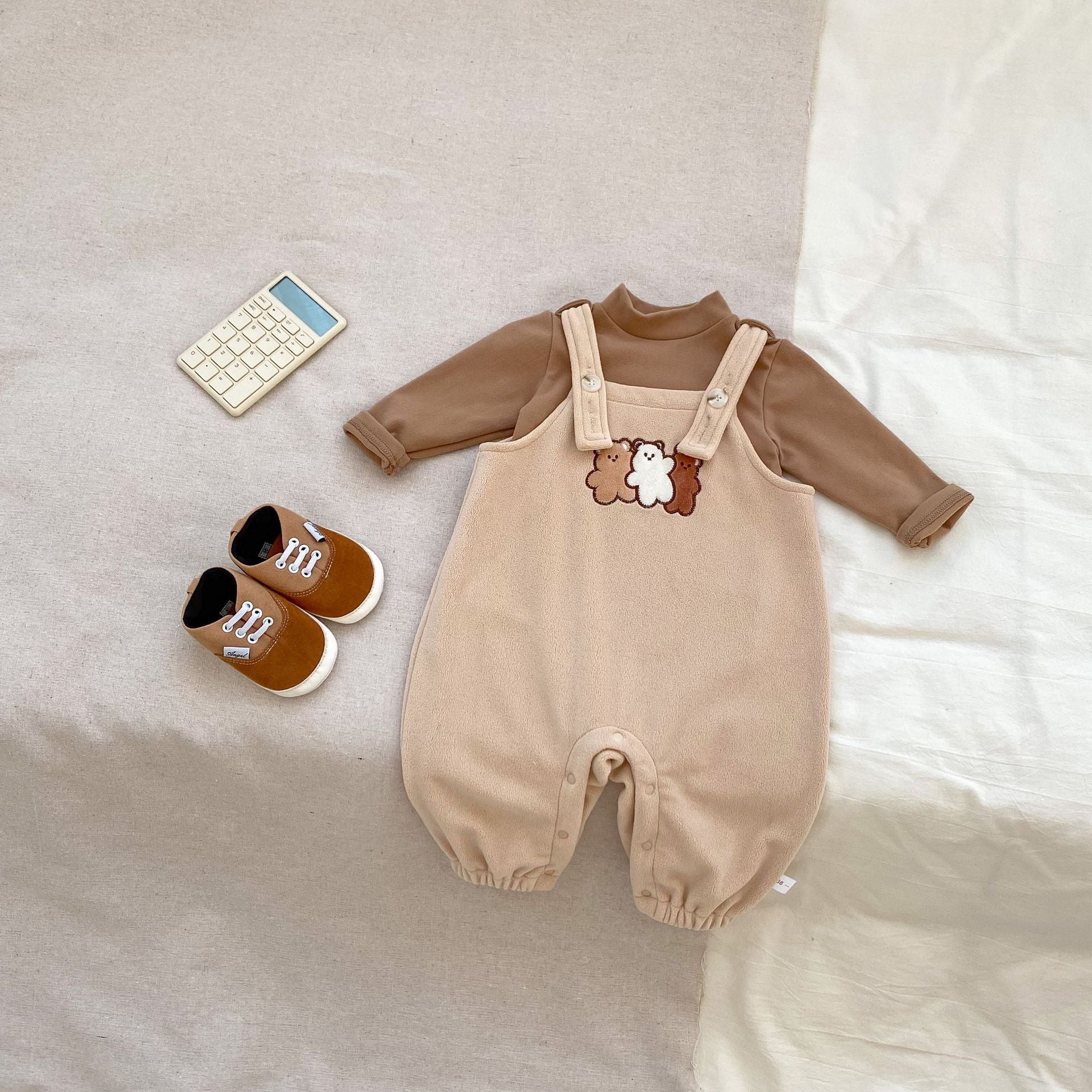 Winter Baby Unisex Basic Top and Teddy Cartoon Overalls Romper in beige and brown, featuring a cute teddy cartoon design, suitable for baby boys and girls.