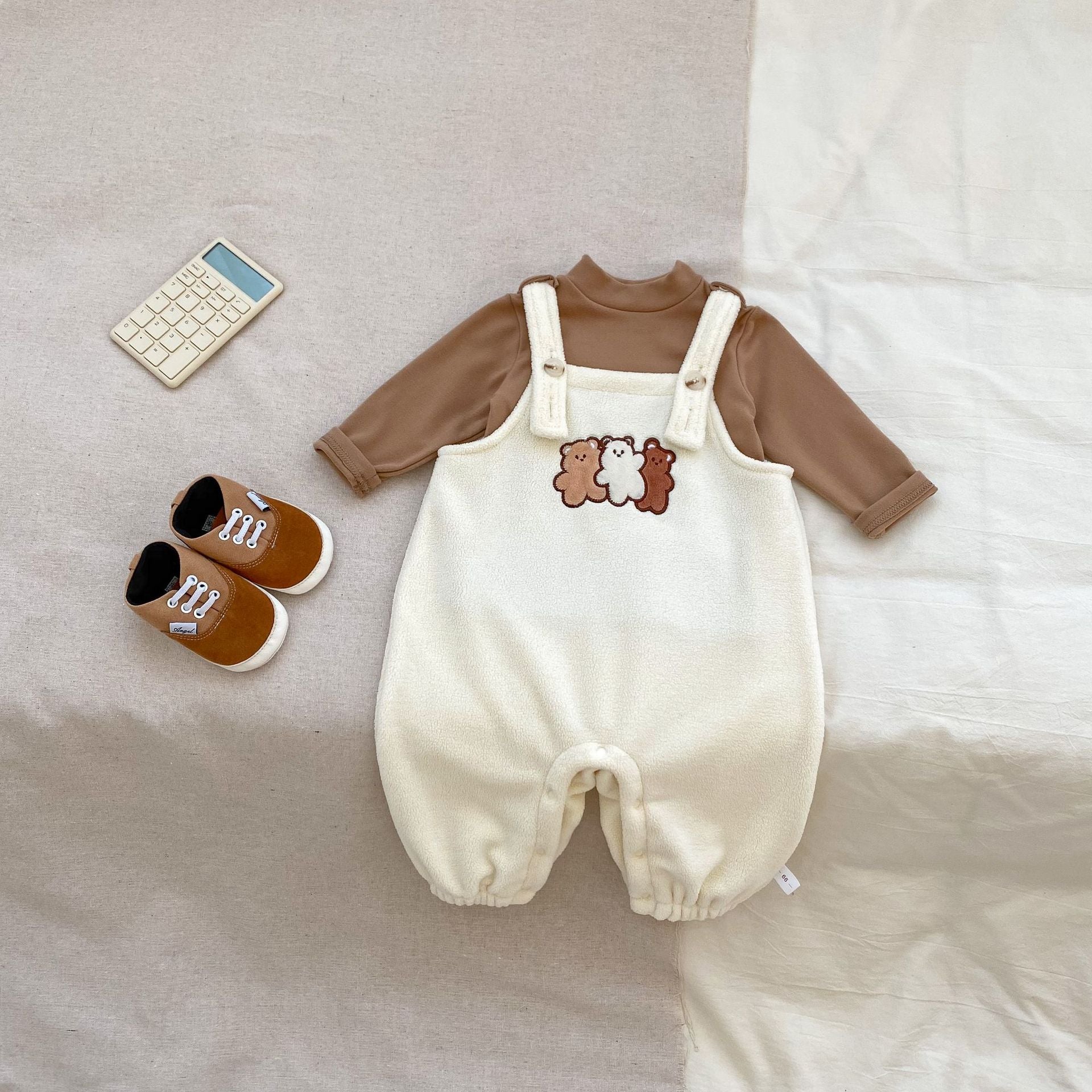 Winter Baby Unisex Basic Top and Teddy Cartoon Overalls Romper in beige and brown, featuring a cute teddy cartoon design, suitable for baby boys and girls.