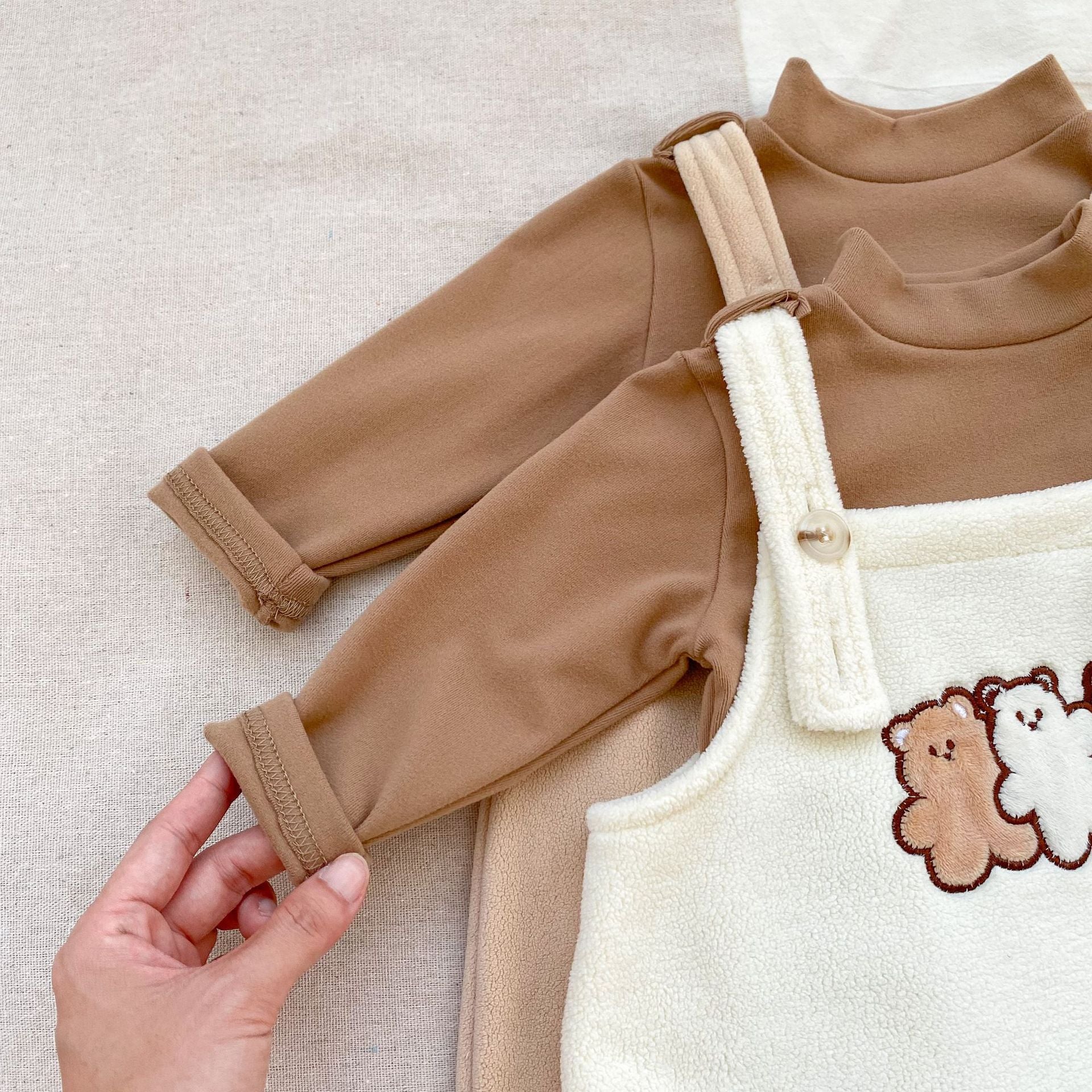 Winter Baby Unisex Basic Top and Teddy Cartoon Overalls Romper in beige and brown, featuring a cute teddy cartoon design, suitable for baby boys and girls.