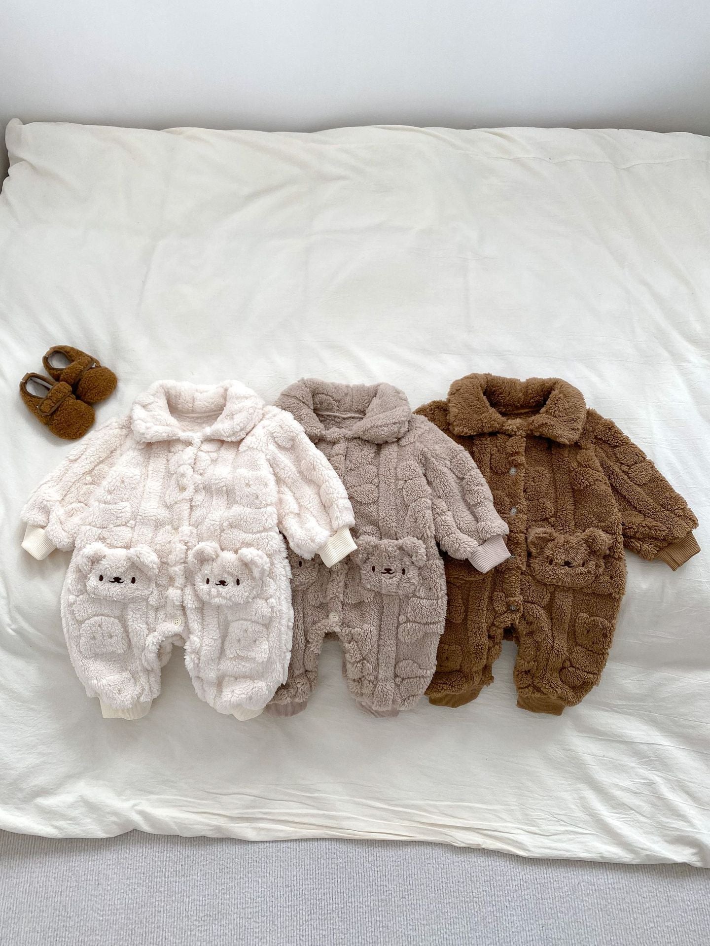 Winter Infant Baby Lovely Teddy Bear Cartoon Pattern outfit with turndown collar in khaki color, designed for warmth and style.