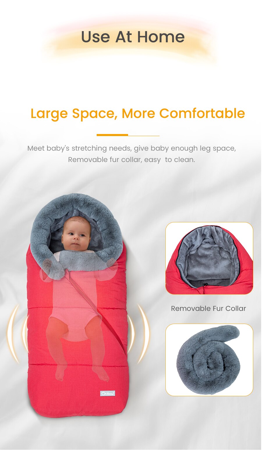 Winter Sleeping Bag Envelope for newborns, featuring a hood and faux fur collar, available in various colors.