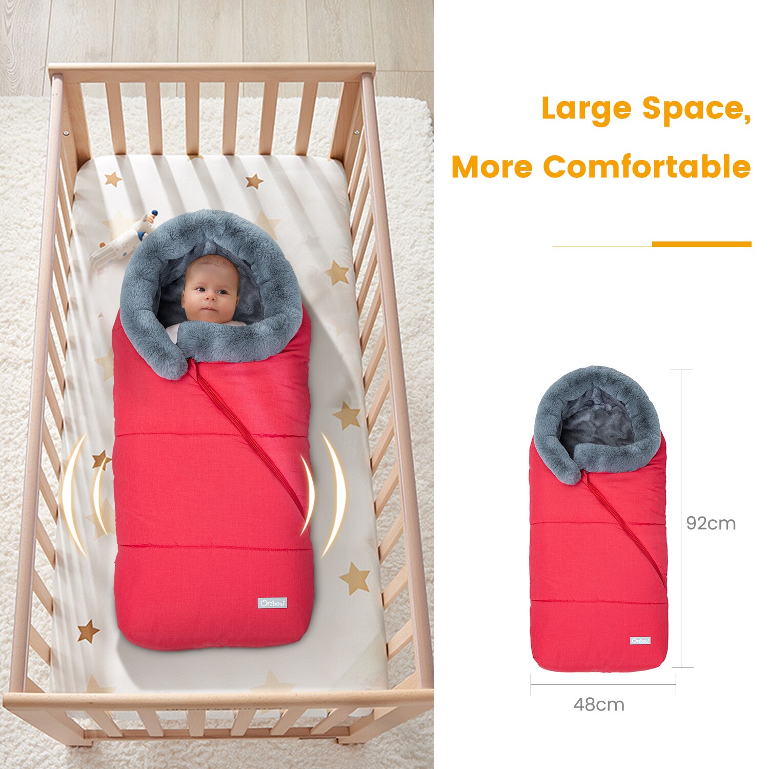 Winter Sleeping Bag Envelope for newborns, featuring a hood and faux fur collar, available in various colors.