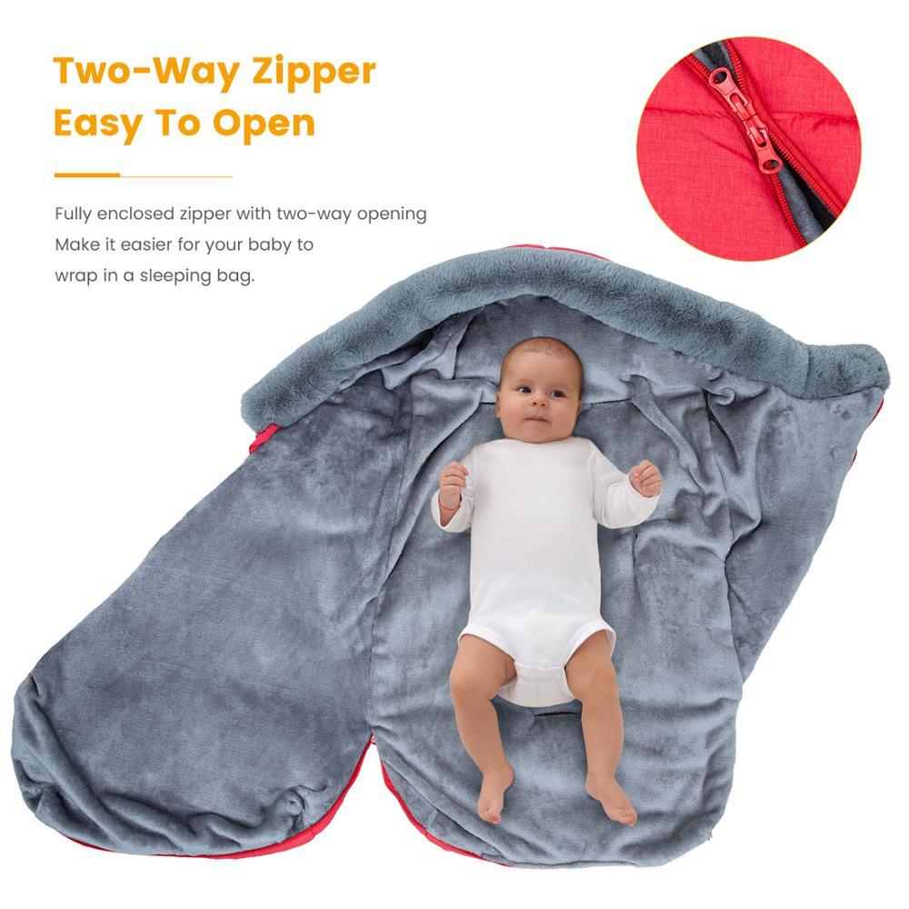 Winter Sleeping Bag Envelope for newborns, featuring a hood and faux fur collar, available in various colors.