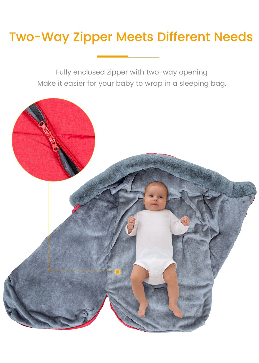 Winter Sleeping Bag Envelope for newborns, featuring a hood and faux fur collar, available in various colors.
