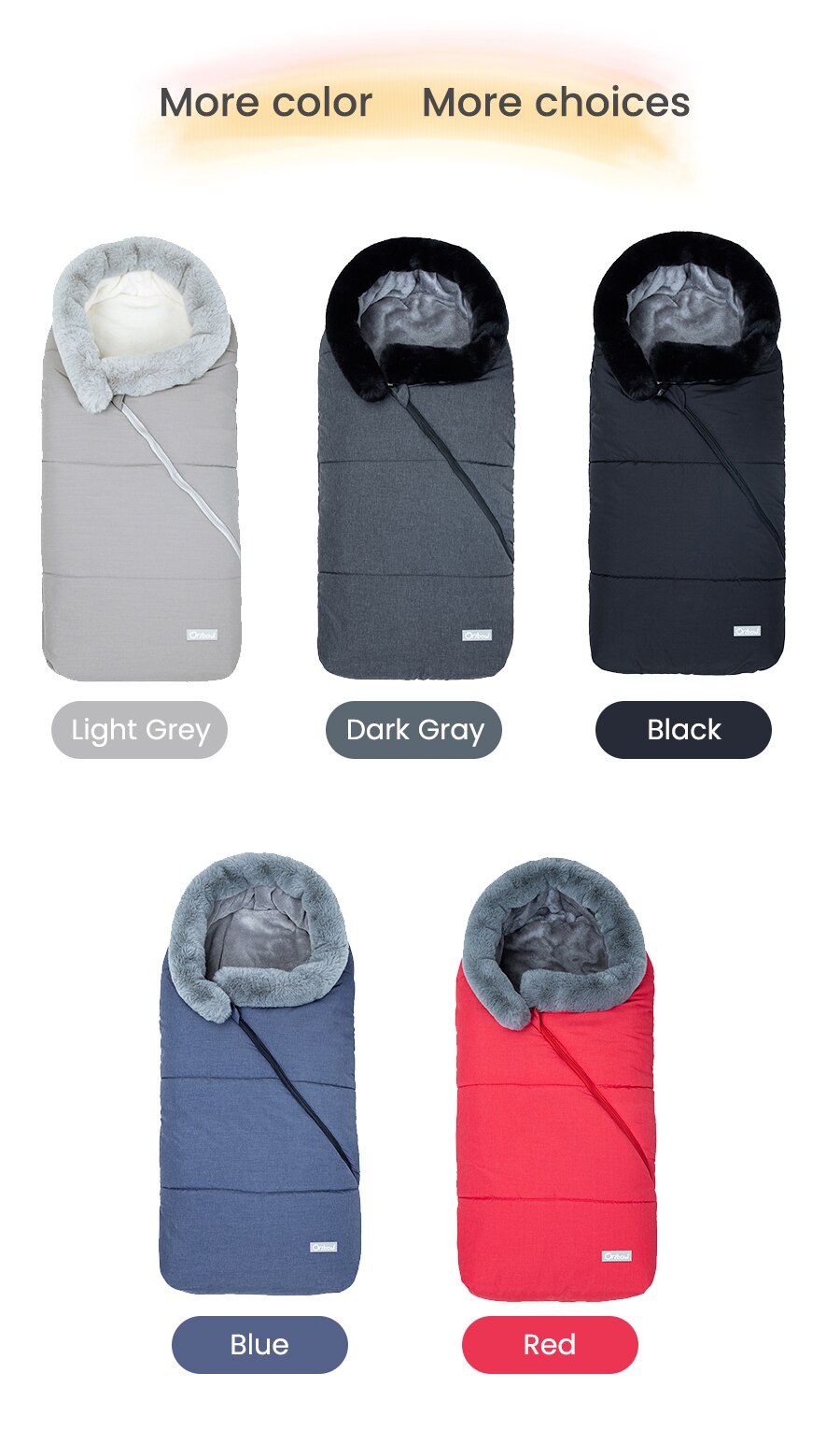Winter Sleeping Bag Envelope for newborns, featuring a hood and faux fur collar, available in various colors.