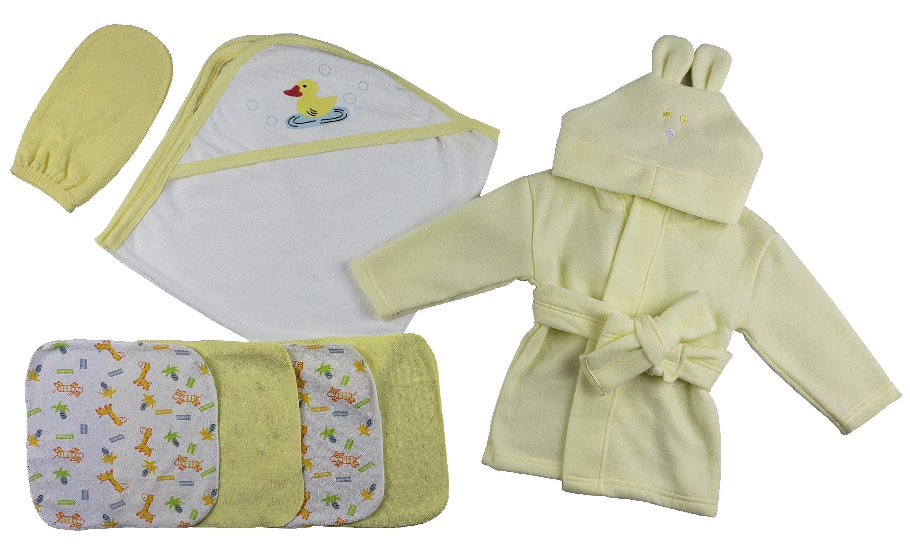 Yellow infant robe, hooded towel, and washcloths set for newborns, made from soft cotton and fleece for comfort.