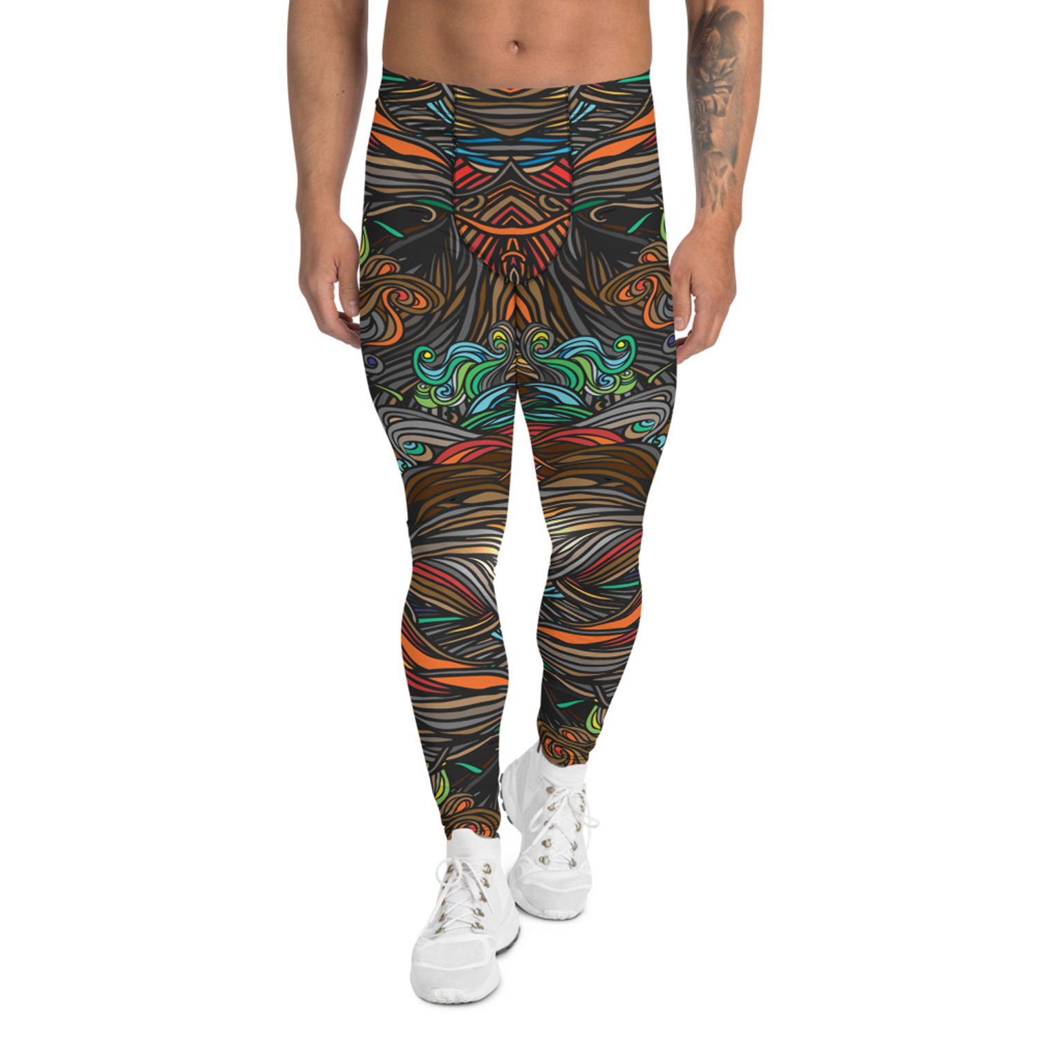 Men's Abstract Swirls Leggings showcasing vibrant colors and a fitted design, perfect for active lifestyles.