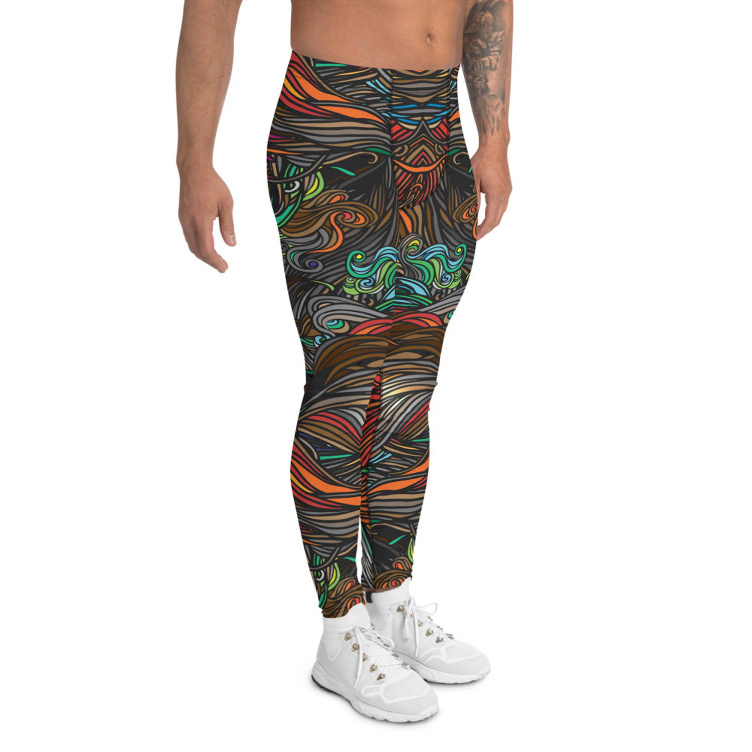 Men's Abstract Swirls Leggings showcasing vibrant colors and a fitted design, perfect for active lifestyles.