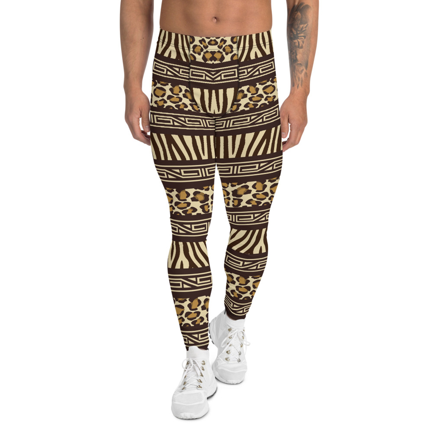 Men's African Safari Leggings featuring a vibrant print, made from high-performance fabric blend for comfort and durability.