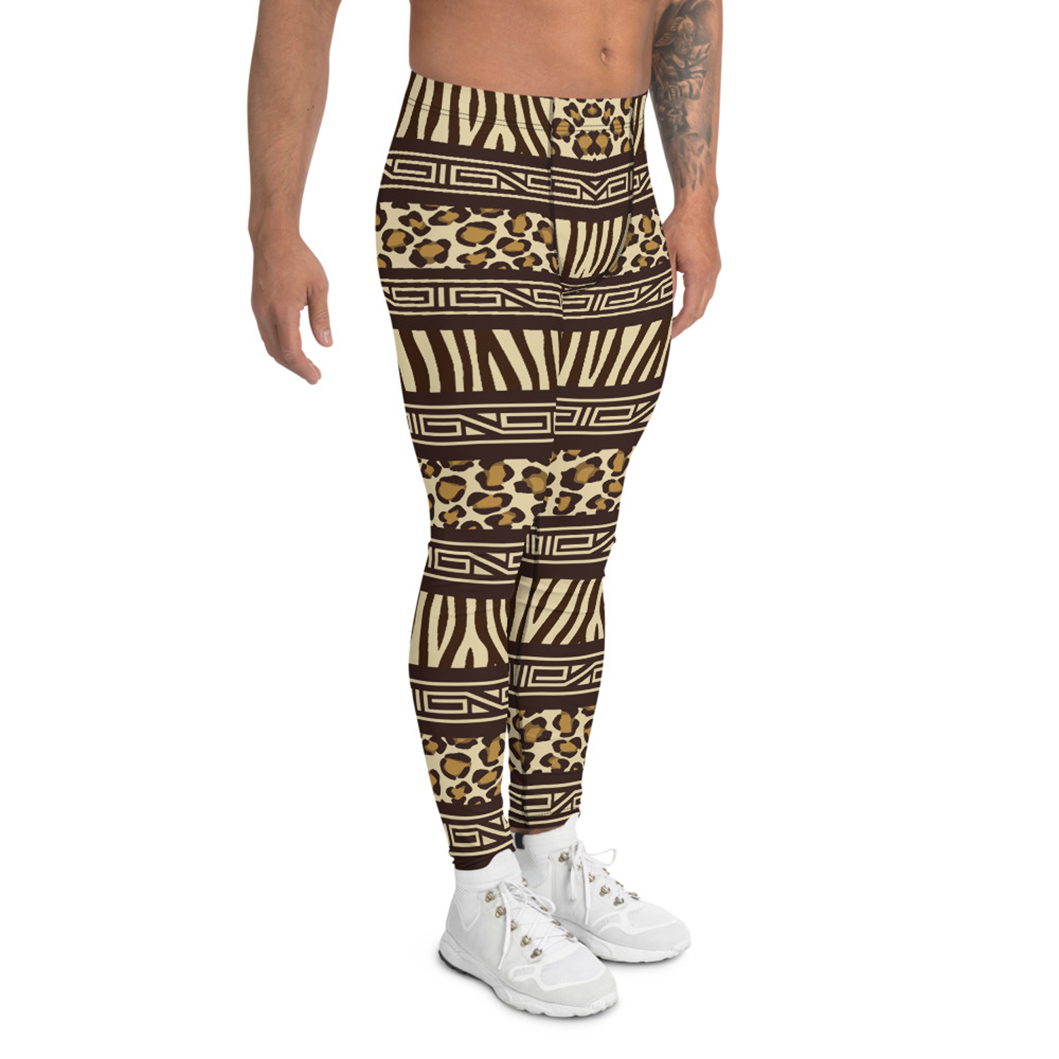 Men's African Safari Leggings featuring a vibrant print, made from high-performance fabric blend for comfort and durability.